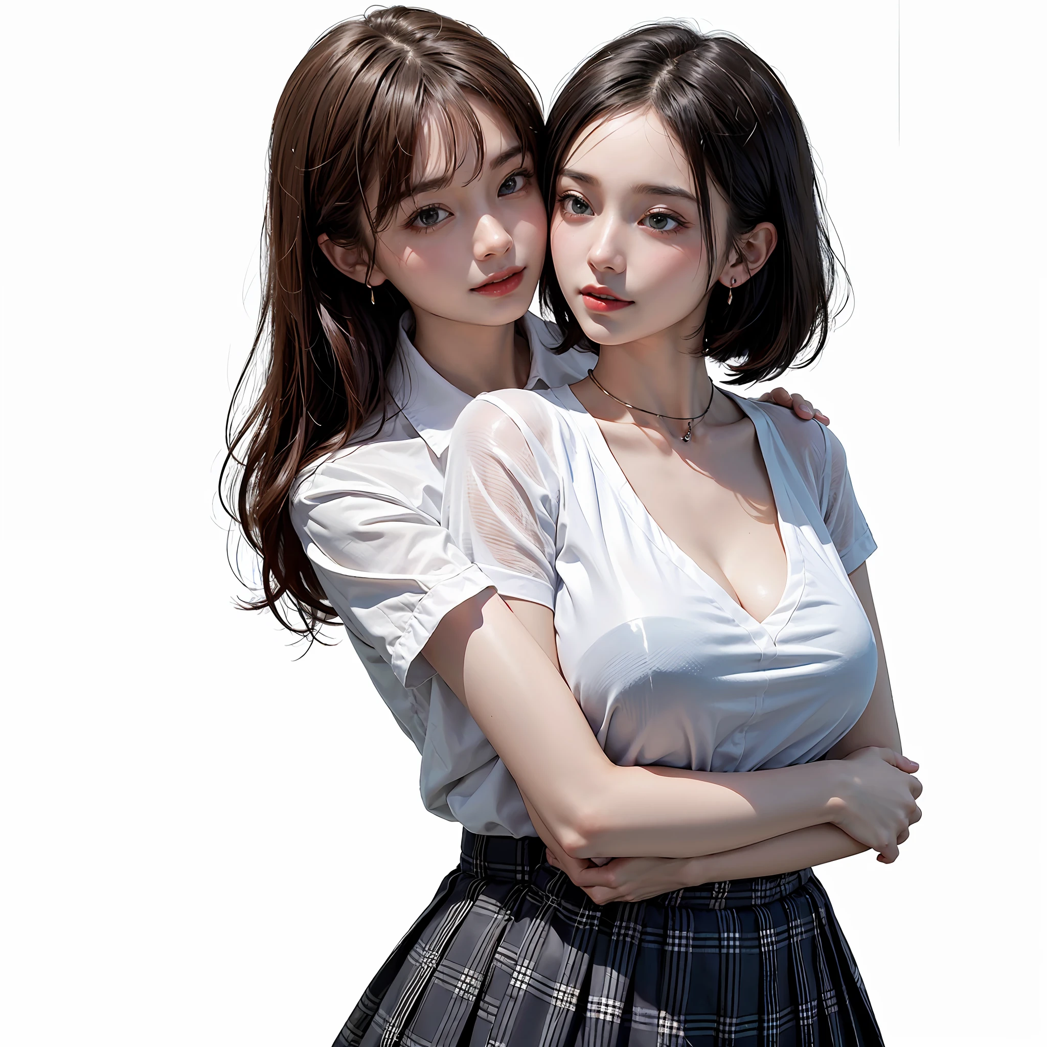 Two people facing each other and hugging happily、Two people hugging each other happily、Two people hugging each other tightly、Both of them stare intently at the camera、Look firmly at the camera、Lesbian couple、Lily couple、((Bring your cheeks together))、Two pretty and pretty girls、​masterpiece、top-quality、realisticlying、realisitic、Seductive bright smile、Both of them have short clean hair with bangs、bangss、bangss、Both have short hair、clean hair with bangs、Short sleeve collar shirt with collar、Collared shirt、(Plaid pleated skirt)、enticing eyes、Both have very large breasts、very Bigger breasts、Big ass、big breasts thin waist、(cleavage of the breast)、(Immaculate white background with nothing really)、(24 year old）、ighly detailed、Very tall、neck long、the neck is long、Straighten your back、Put your ears out、Highlights in the eyes、lipgloss、glowy skin、White-colored skin、Clean collarbone、closes mouth、Close your mouth and smile、Happily、Nice proportions、lovely、Charming and endearing、Colorful random collar shirt、Colorful random color skirt、Do not add shadows、No shadows