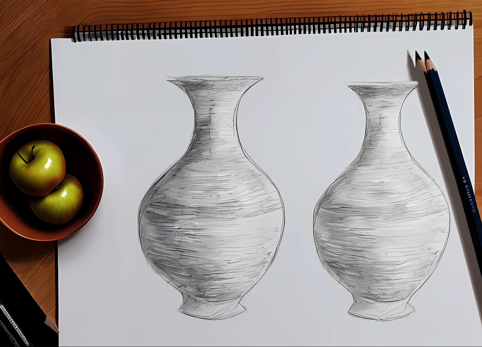(drawing with a black pencil), (drawing a sketch), (drawing the outline), still life, vase with turtleneck, tapered at the neck, porcelain vase, 1 apple