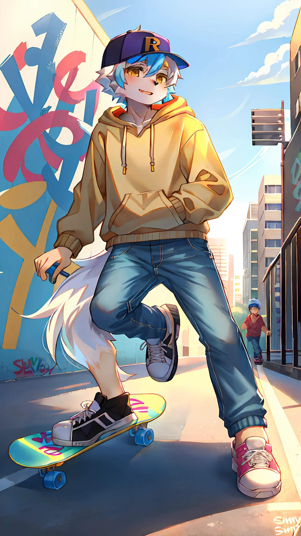 White wolf,Handsome model,独奏,Beige short-sleeved sweatshirt hoodie,denim pant,High-tops,Wearing a baseball cap,Step on the skateboard,Grabbed by the hair,outside,Sunnyday,There are colorful graffiti on the skateboard