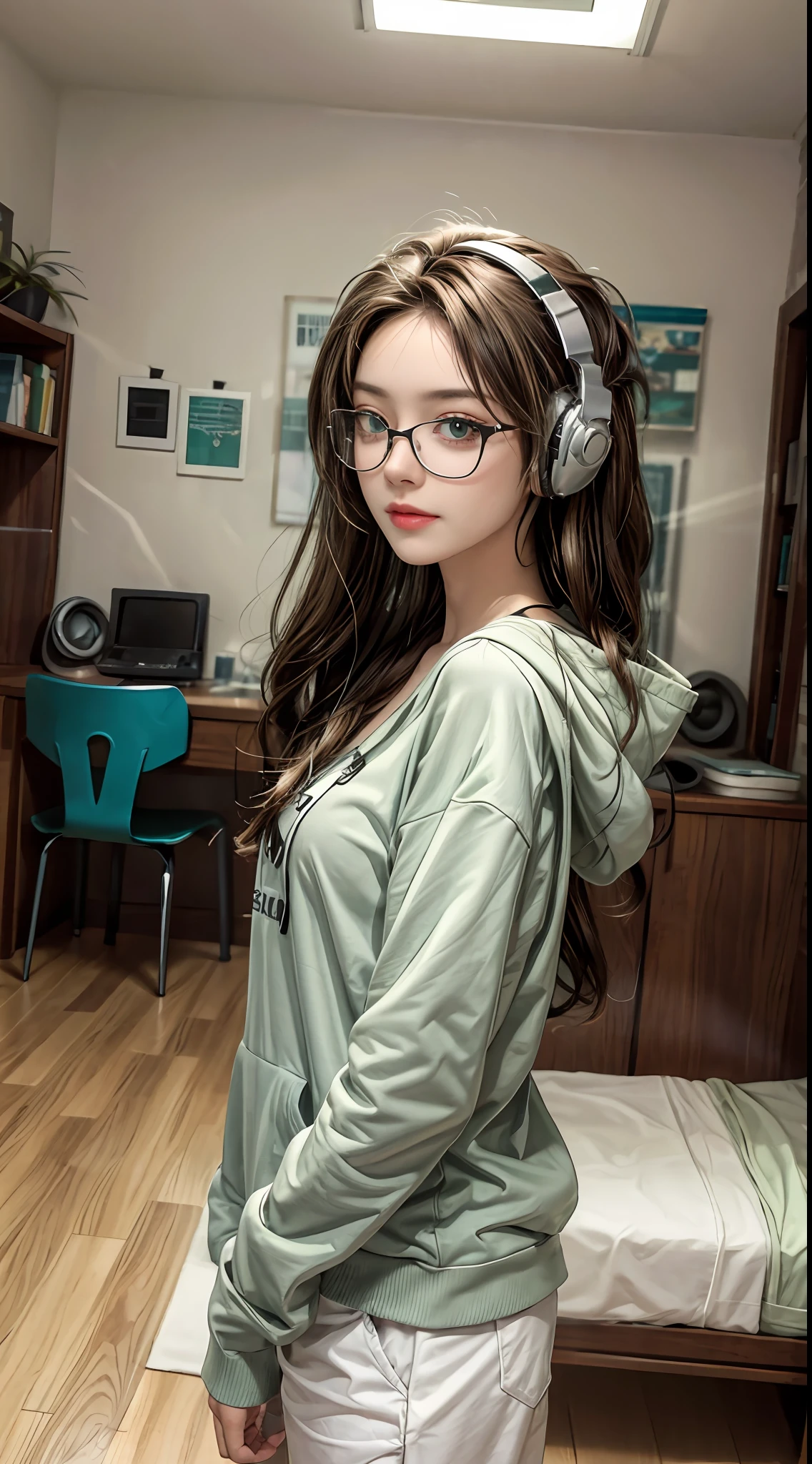masterpiece, best quality,1 girl, solo, brown hair, long hair, green eyes, glasses, headphones, green hoodie, real, looking at camera, home, indoors, room