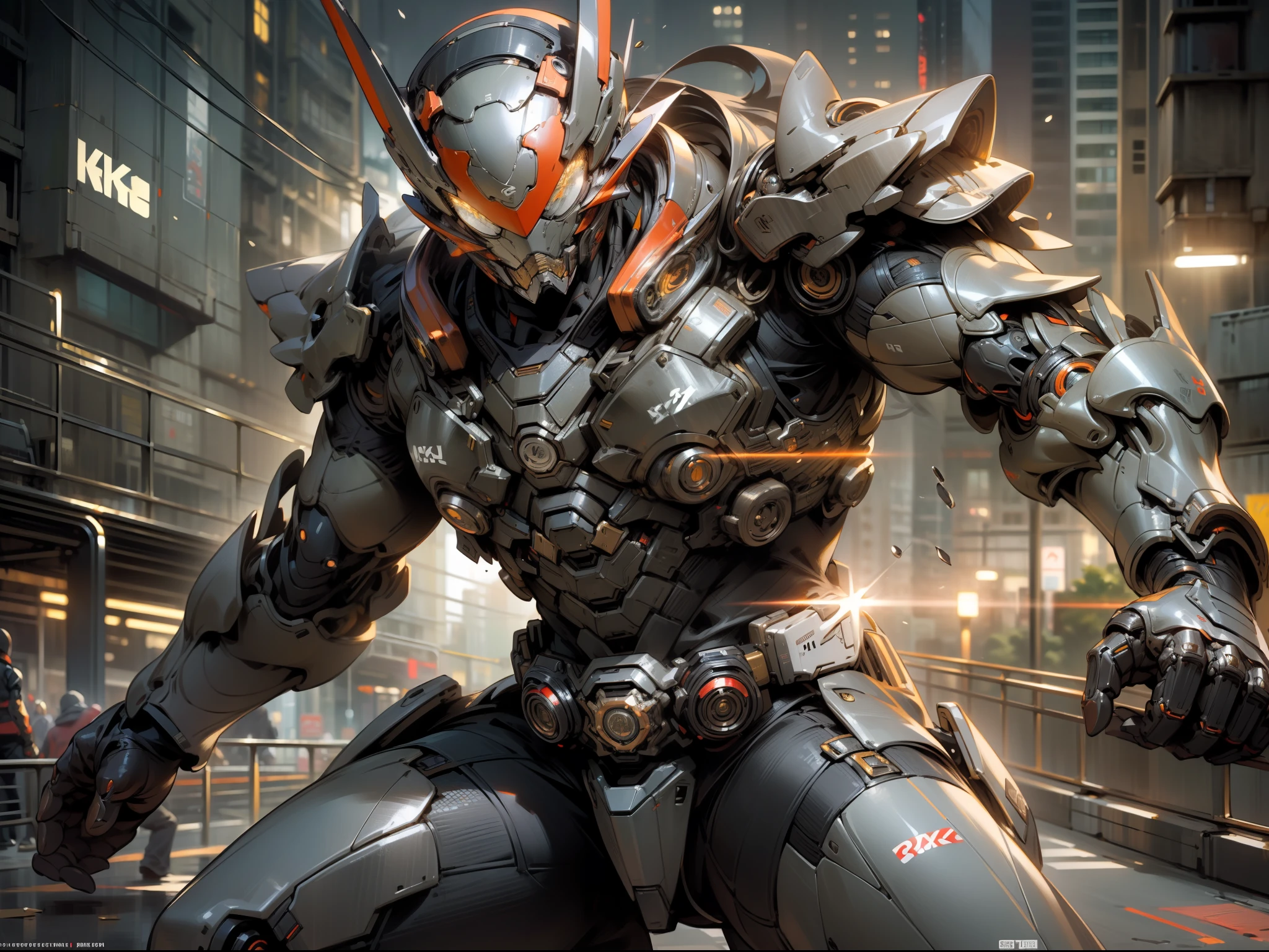 (((masterpiece))),(((best quality))),(((amazing detail))),((illustration)),((8K wallpaper)),kamen rider,Combat posture,eyes glow,cyberpunk,red metal skin,manga,splash art,realistic,city background,