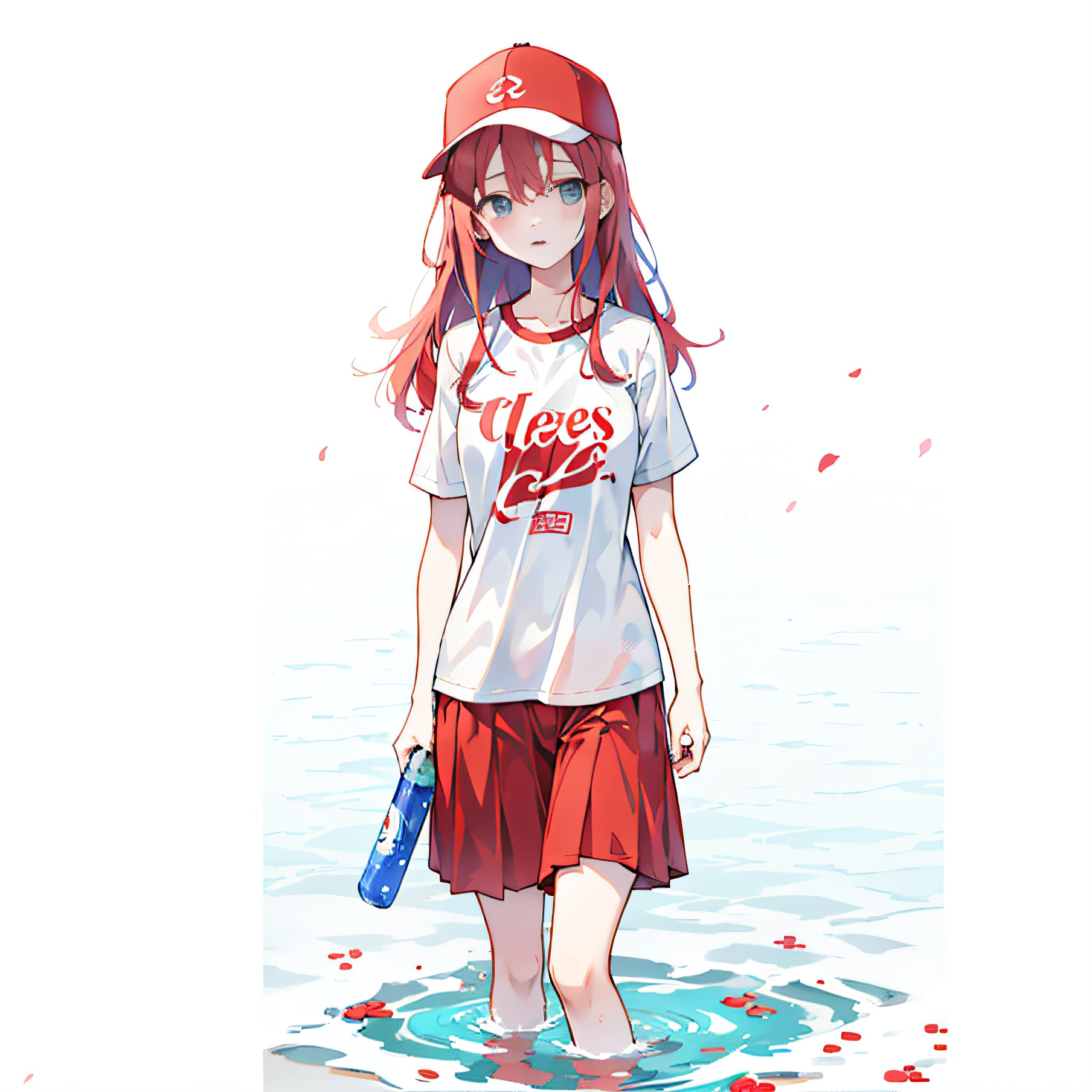 1 girl,with a good figure,prette,largeeyes,red tinted hair,long whitr hair,red colour|White baseball cap,Red skirt,whitet-shirt,The T-shirt has a green mountain motif on it,Mineral water in hand,Eau,standing in water,water bloom,drippy,Nongfu Spring,flags:Nongfu Spring,exteriors
