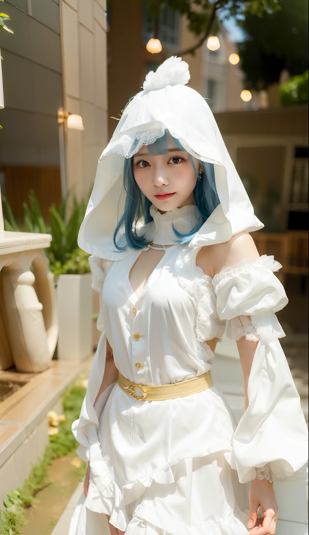 1girl, Fantasy, Beauty face, Blue sky hair color, White Outfit, Realistic, Ultra detail, 70mm lens