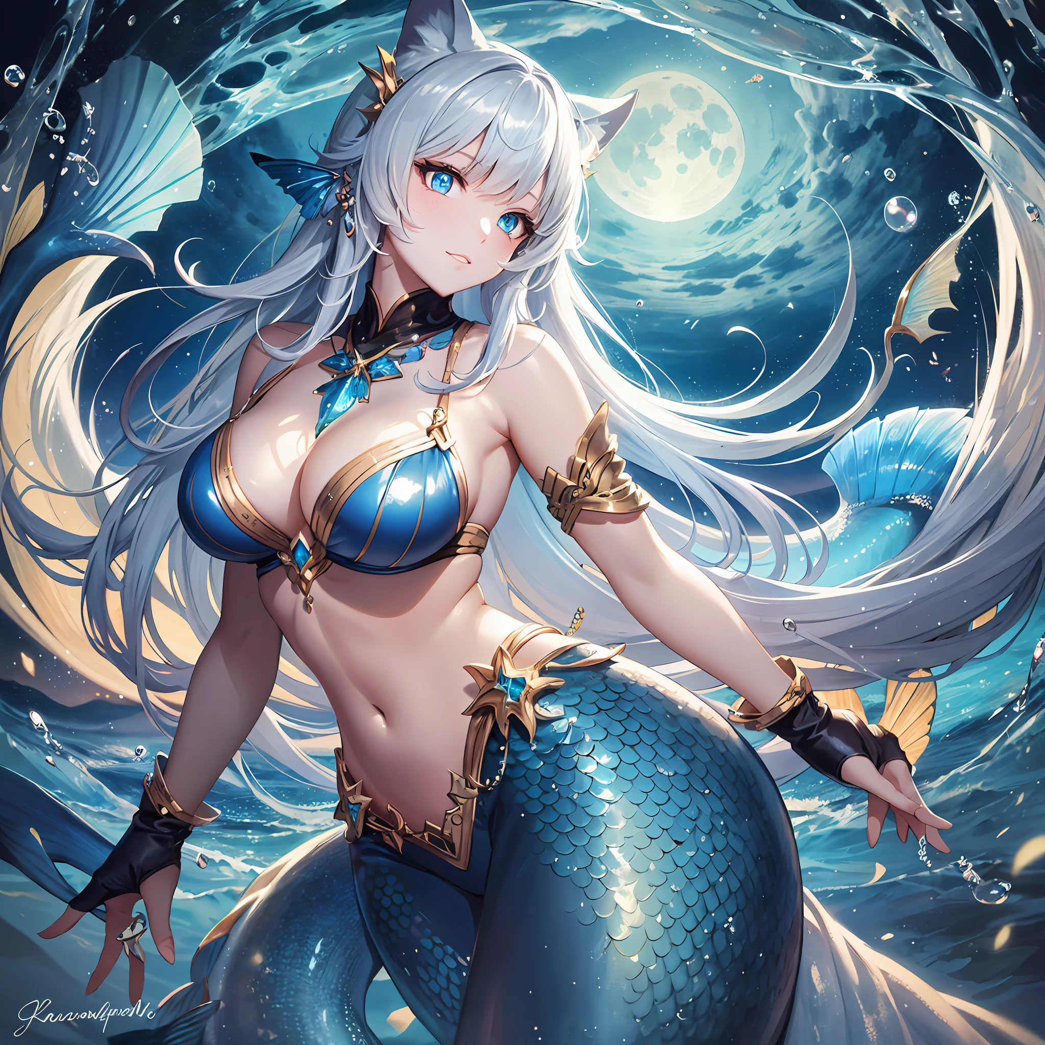 On a moonlit night, furry anthro, kemono, mermaid, a beautiful woman with bright shining scales on her skin dances gracefully on a white sandy beach Her beautiful face and brightly colored shining eyes The sea and the woman's scales shining faintly in the moonlight. Detailed drawing Vivid colors High image quality,