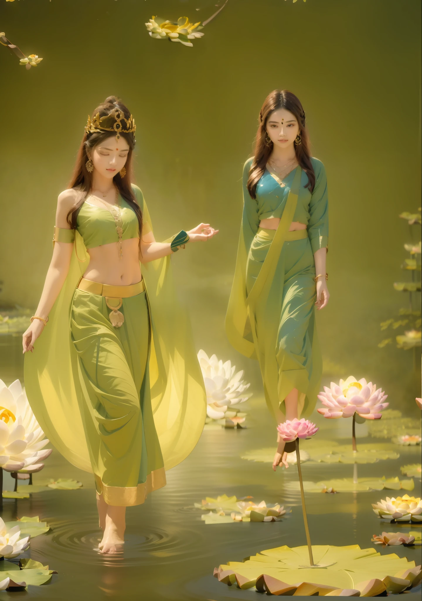 tmasterpiece,Ultra-high sharpness,A beautiful woman in a sari walks through a lotus pond, The body is beautiful and attractive,The background is a dense jungle,Layers of light and shadow are revealed,In the distance, The prince is coming,In the daytime, Bright colors,Bright colors, fantasy painting of,ponds,