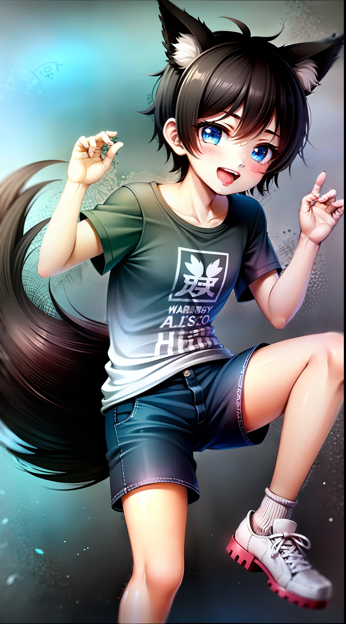 , short black hair, Fox ears, Foxtail, blue eyes, ssmile, tshirt, briefs, Jumps, Masterpiece, hiquality