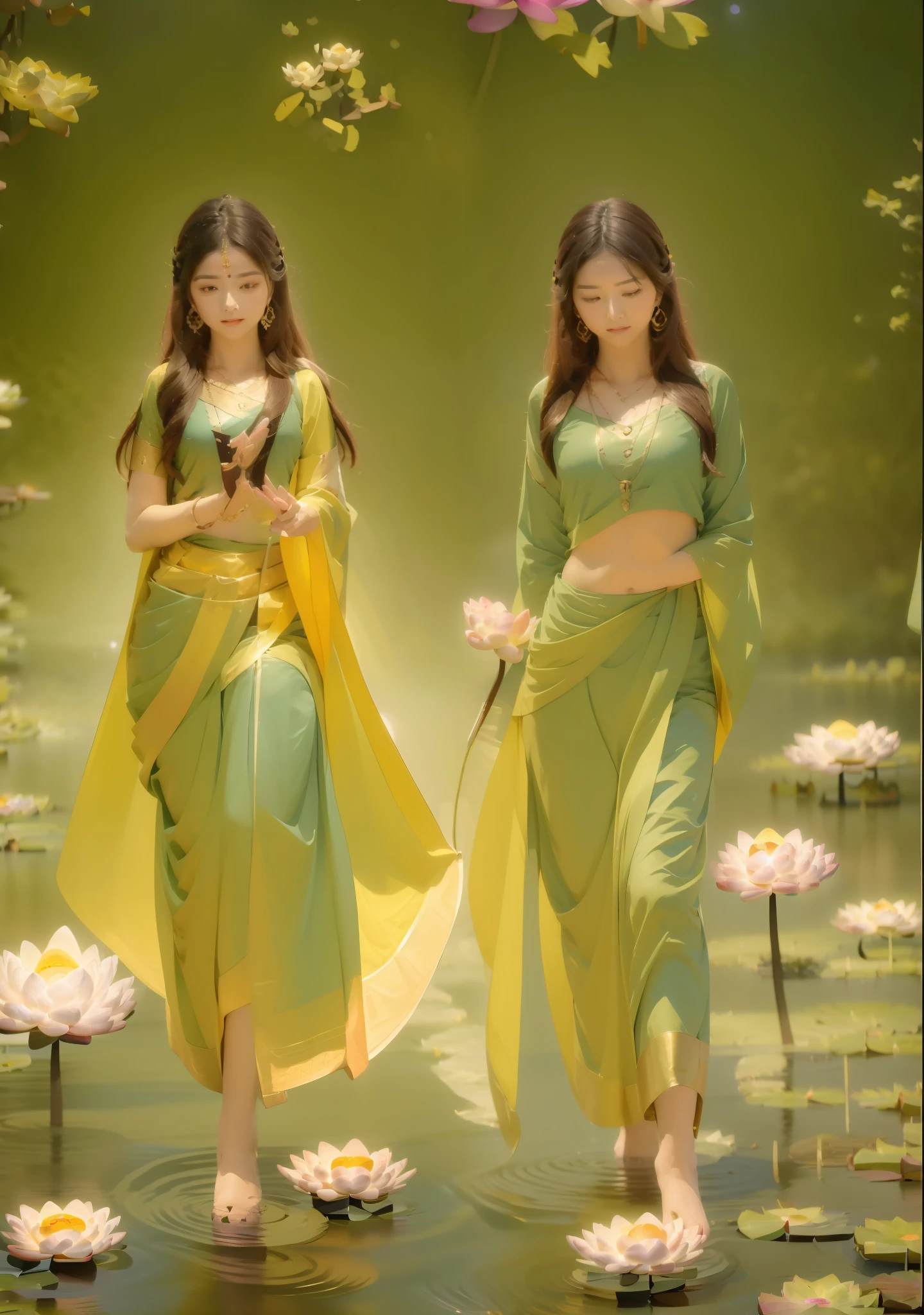 tmasterpiece，Ultra-high sharpness，A beautiful woman in a sari walks through a lotus pond, The body is beautiful and attractive，The background is a dense jungle，Layers of light and shadow are revealed，In the distance, The prince is coming，In the daytime， Bright colors，Bright colors, fantasy painting of,ponds，