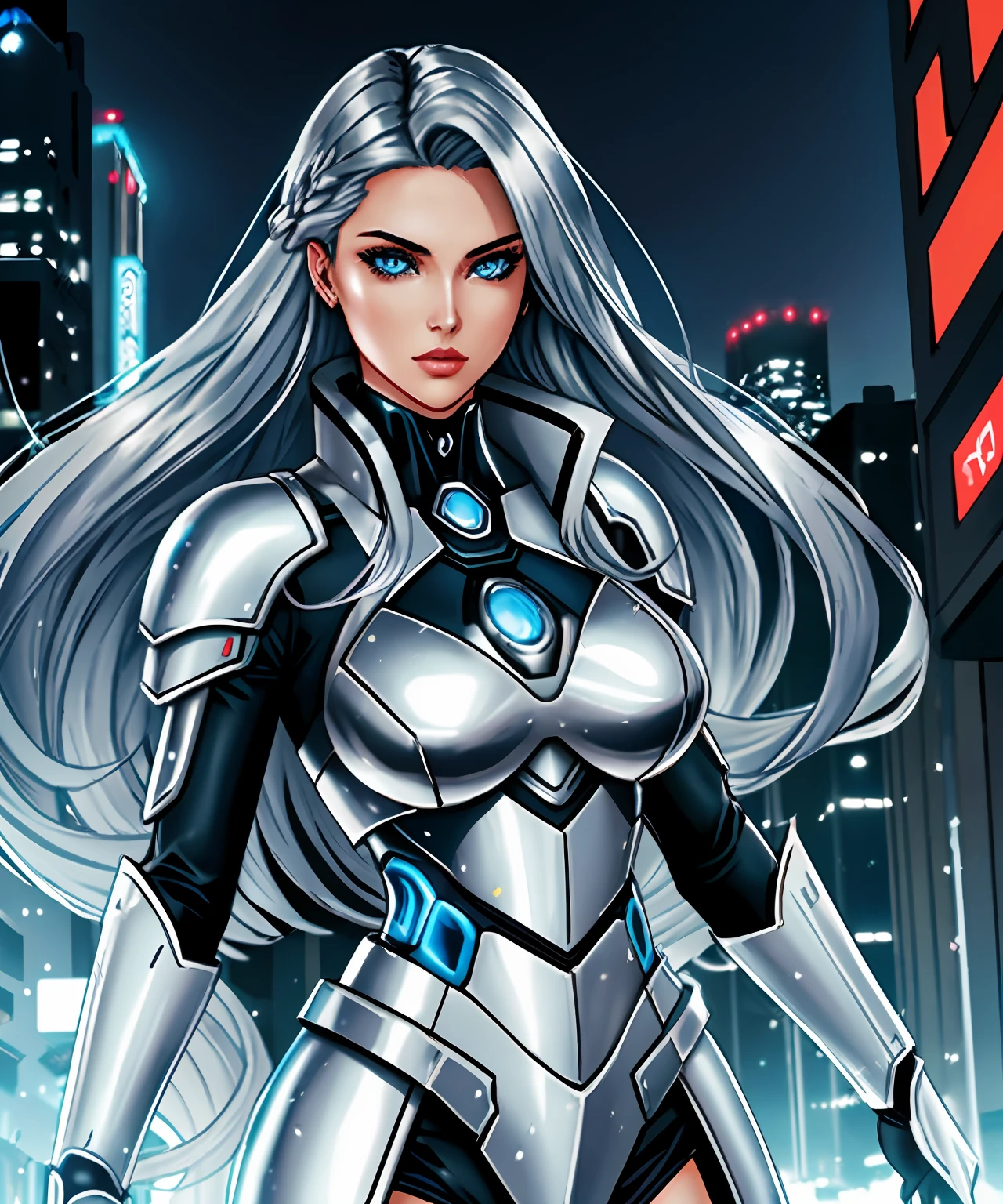 woman in her 20s,(s the perfect face),Contoured chin,beautifullips,(Beautiful bright blue colored eyes),(Silver-toned eyeliner),(Raised sexy),(Long, messy, flowing silver hair),(Mechanized female body),(Cold long-haired female killer),(looking at viewert),(Medium lens photo),(Captivating cyberpunk background),Carry the cybersword and prepare for battle,Silver cold tone,