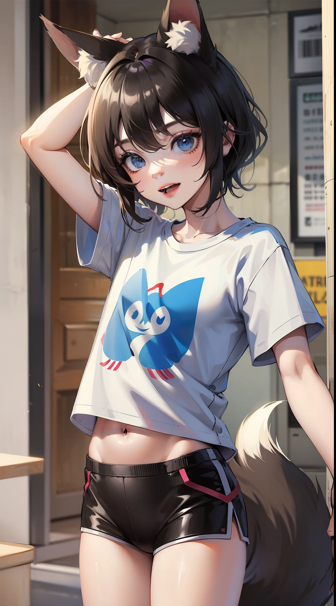 little boy, short black hair, Fox ears, Foxtail, blue eyes, ssmile, tshirt, briefs, Jumps, Masterpiece, hiquality