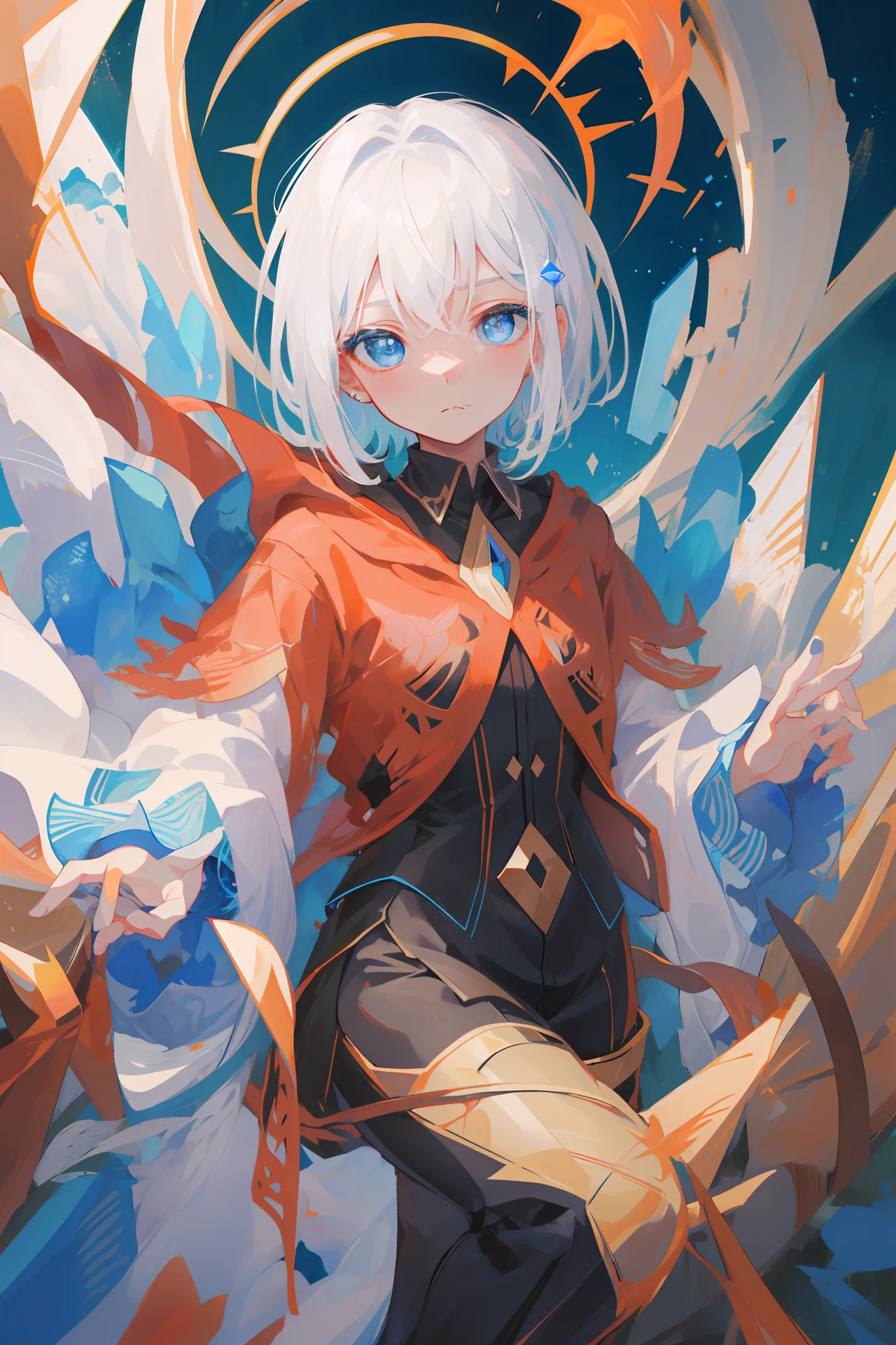 ember，Shota，White hair，short detailed hair，A look of disdain，Blue eyes，Delicate hair，High quality paintings，tmasterpiece，top Quority，High pixel，Gemstone eyes