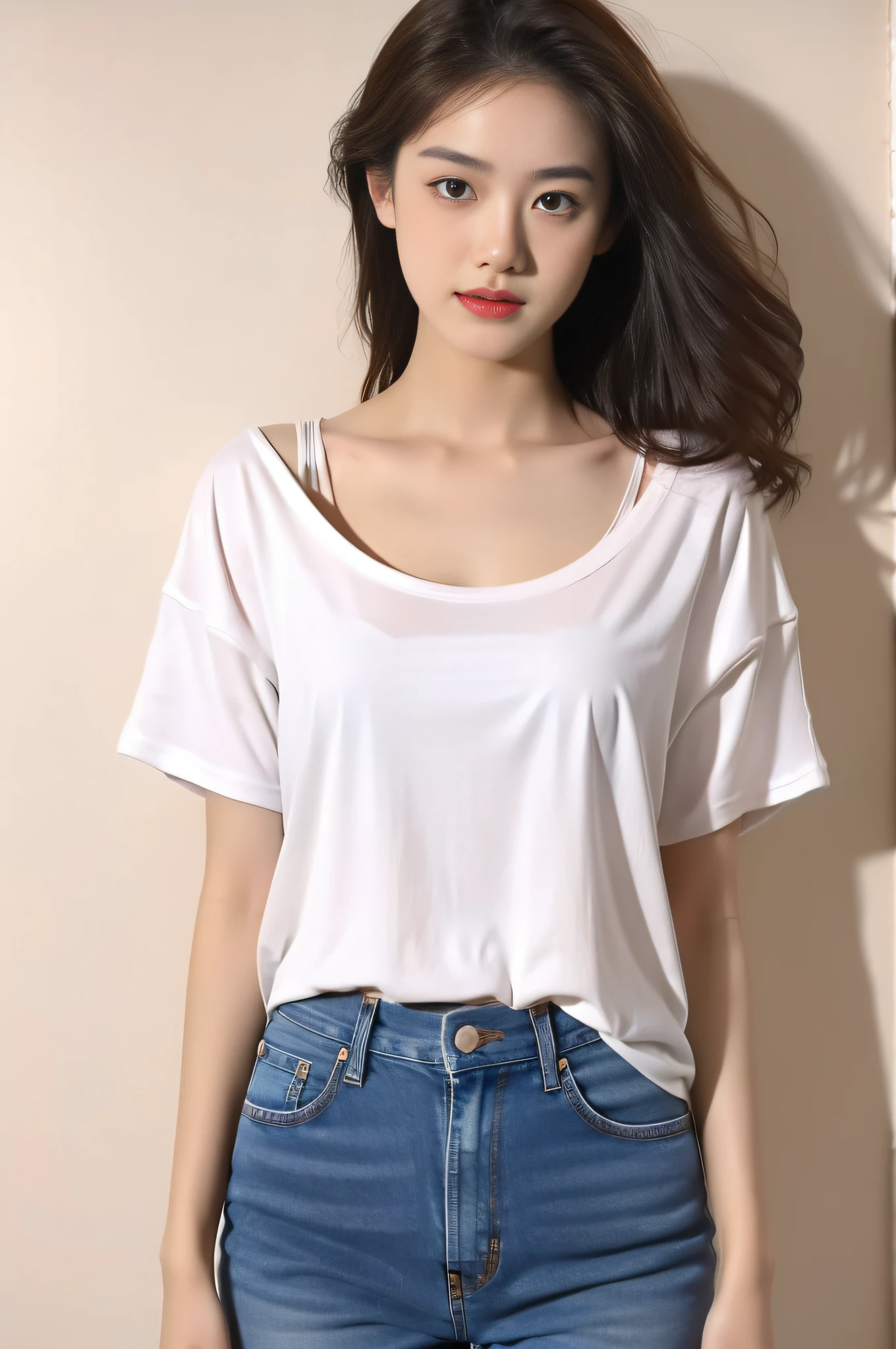 A 19-year-old girl with a top wearing a white T-shirt, jeans on the bottom, white background, facing the camera,