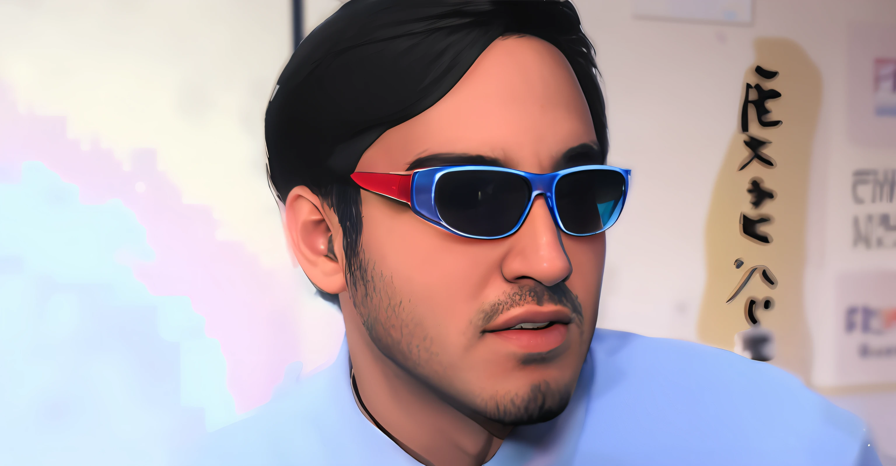 there is a man wearing sunglasses and a tie with a red and blue tie, markiplier, 3 d render of jerma 9 8 5, futurisitc sunglasses, looks like jerma985, futuristic ar glasses, bryce 3 d style, wearing blue sunglasses, neo vaporwave, implanted sunglasses, vaporwave cartoon, (((luke chueh)))