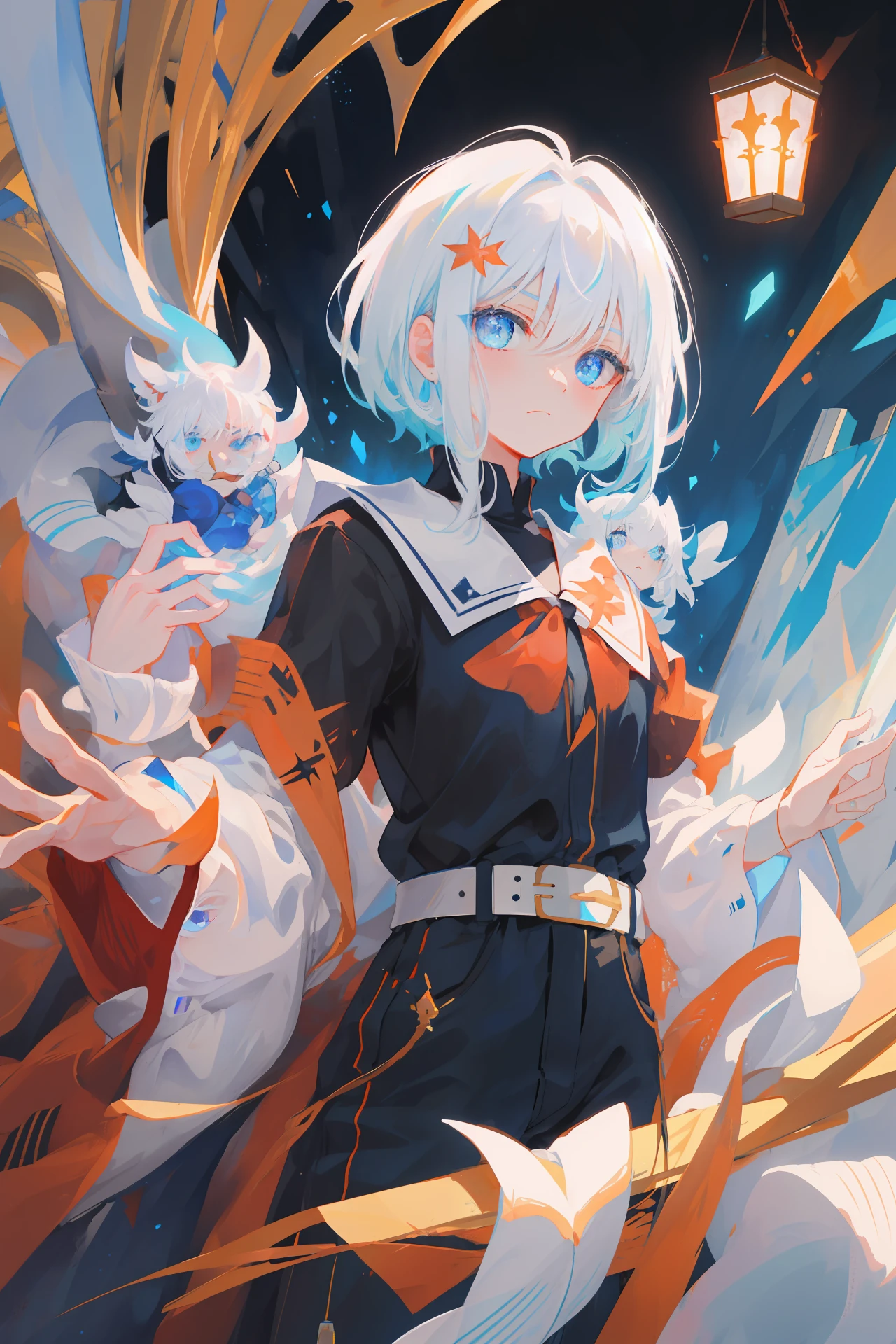 ember,Shota,White hair,short detailed hair,A look of disdain,Blue eyes,Delicate hair,High quality paintings,tmasterpiece,top Quority,High pixel,Gemstone eyes