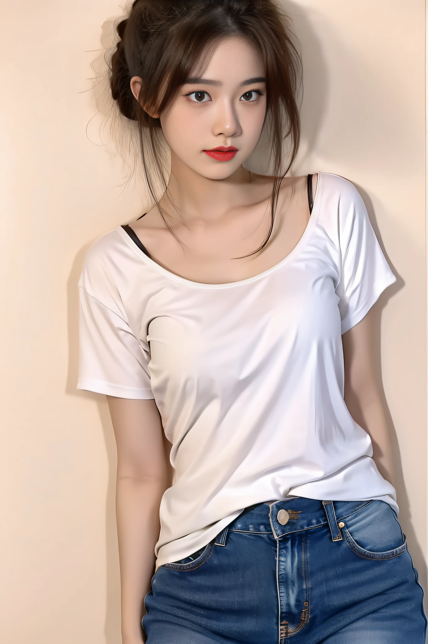 A 19-year-old girl with a top wearing a white T-shirt, jeans on the bottom, white background, facing the camera,