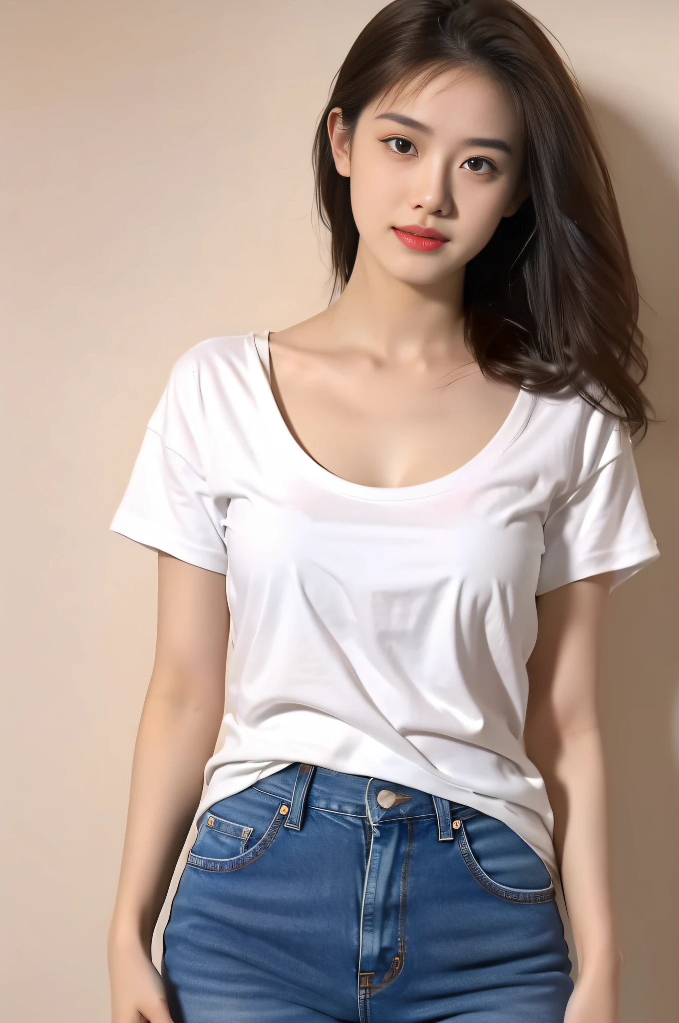 A 19-year-old girl with a top wearing a white T-shirt, jeans on the bottom, white background, facing the camera,