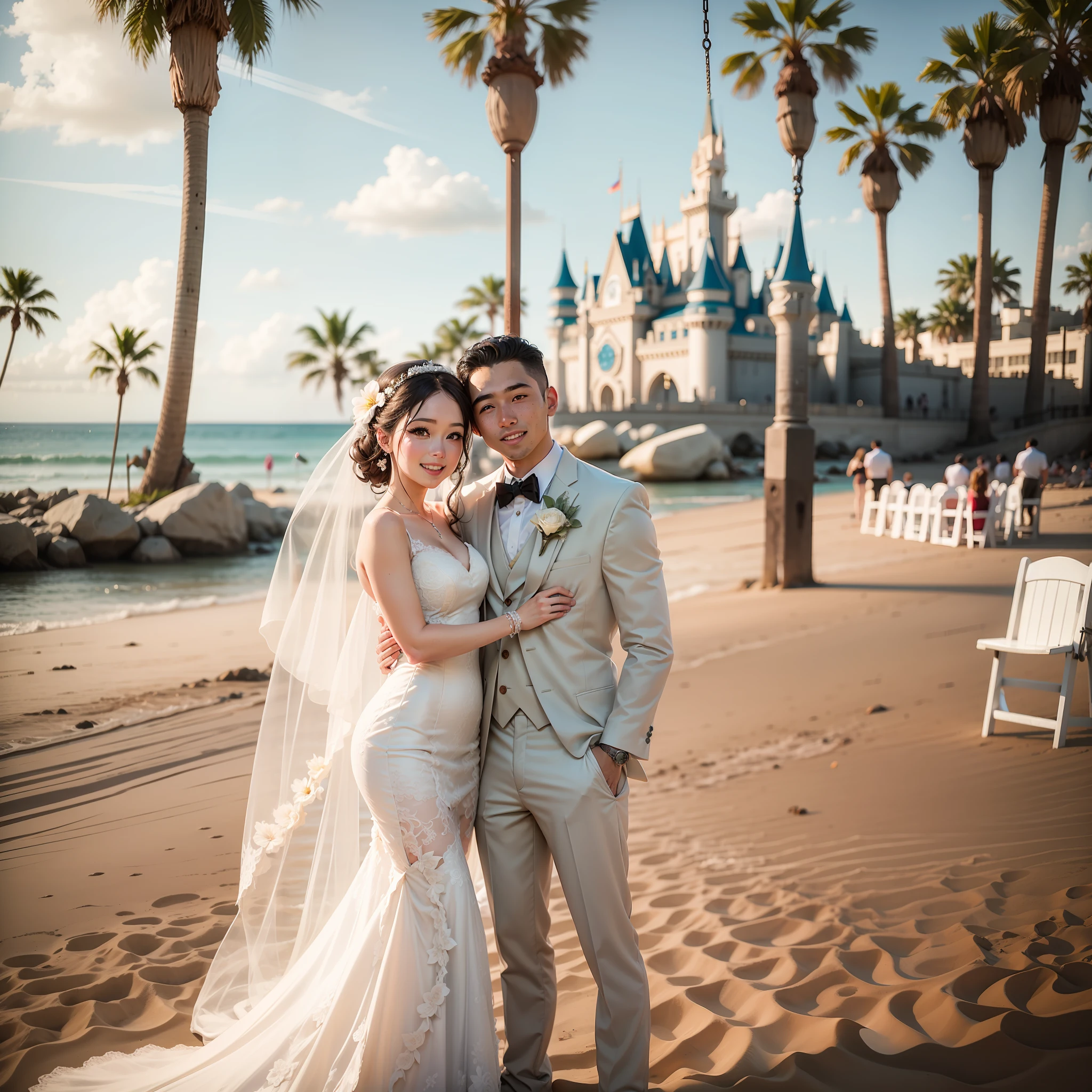 There's a wedding on the beach, next to Disney, a swing, and lots and lots of flowers