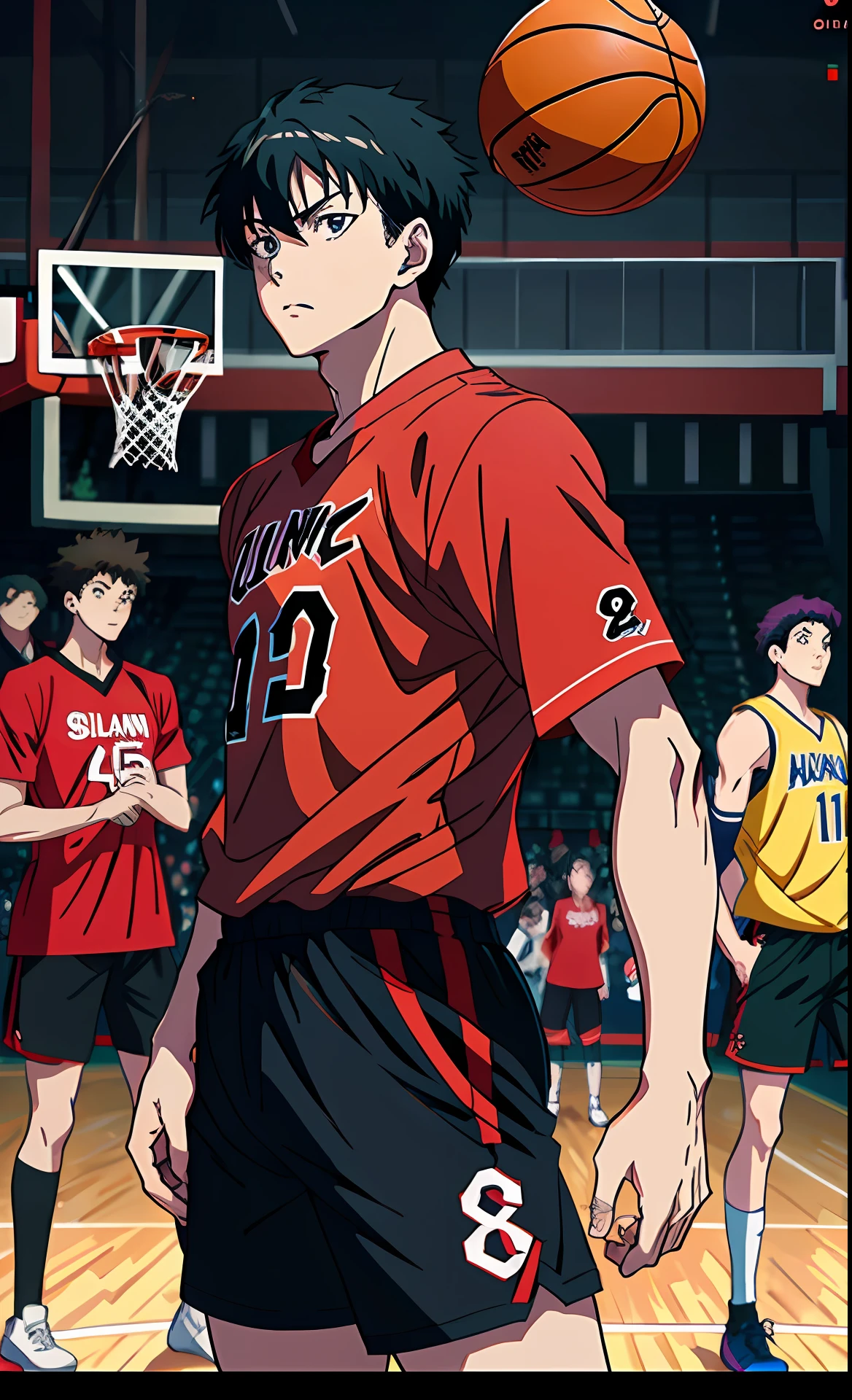 anime character in a red shirt and black shorts holding a basketball ball, badass anime 8 k, scence of slam dunk, anime style 4 k, kentaro miura art style, 4 k manga wallpaper, high quality anime artstyle, 4k anime wallpaper, official anime still, makoto kano, handsome anime pose, epic 8 k hd anime shot, slam dunk