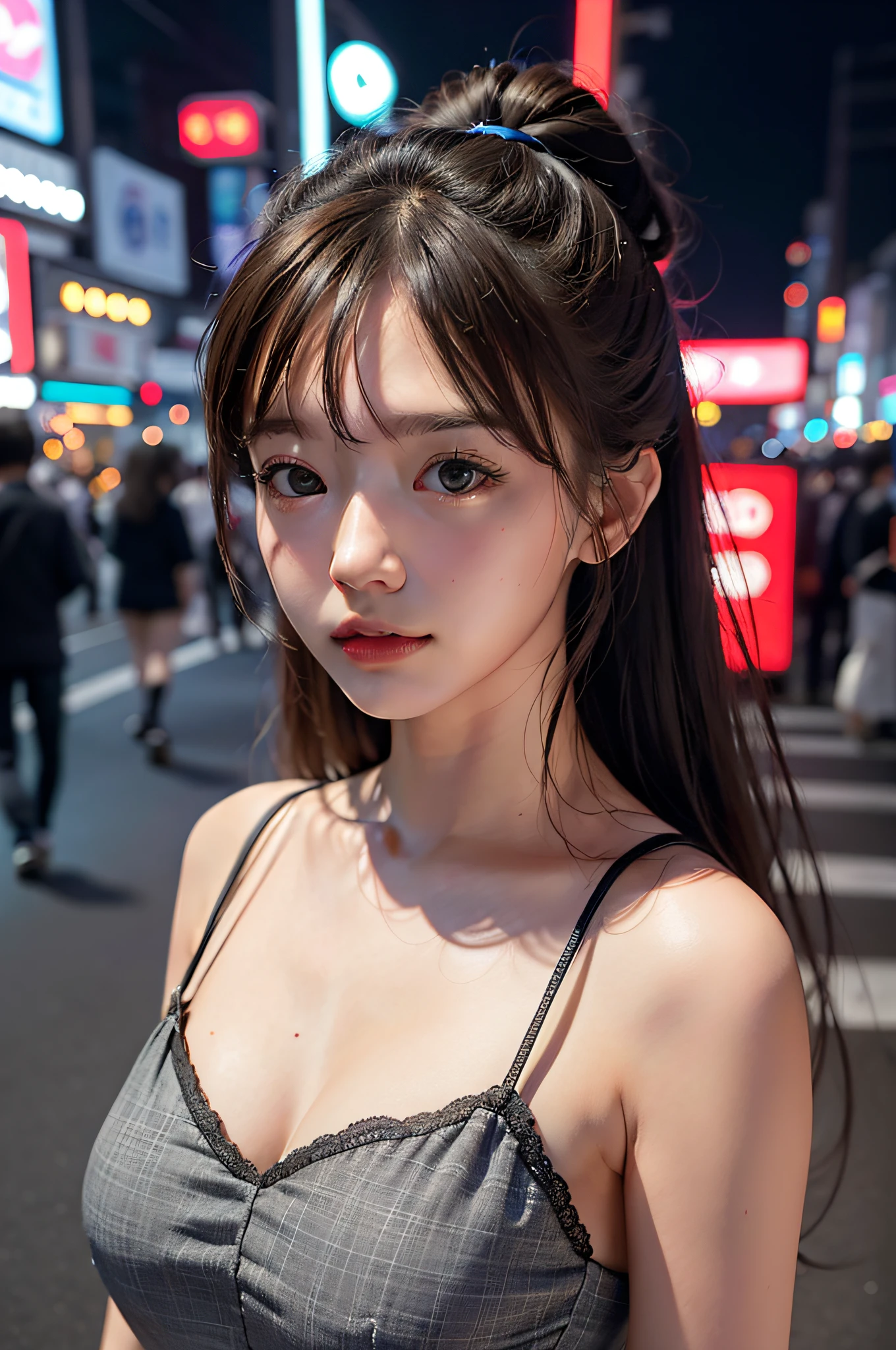 1girl in、Streets of Tokyo、natta、A city scape、city light、The upper part of the body、a closeup、8K、Raw photography、top-quality、masterpiece、realisitic、Photorealsitic、Sateen