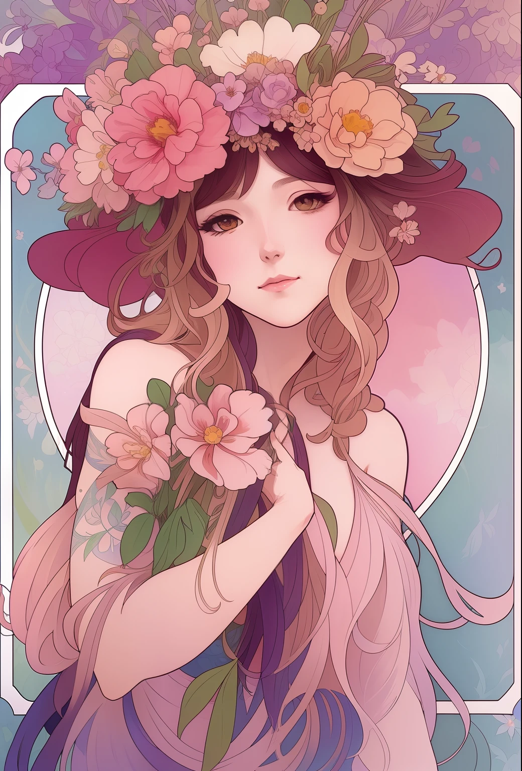 a painting of a woman with flowers in her hair, Alphonse mucha and rossdraws, Artegam and Alphonse Mucha, art nouveau portrait, anime art nouveau, korean art nouveau anime, mucha style 4k, Alphonse Mucha style, artgerm mucha, Inspired by Alphonse Mucha, art deco flower shaman, watercolor detailed art, Art Nouveau painting