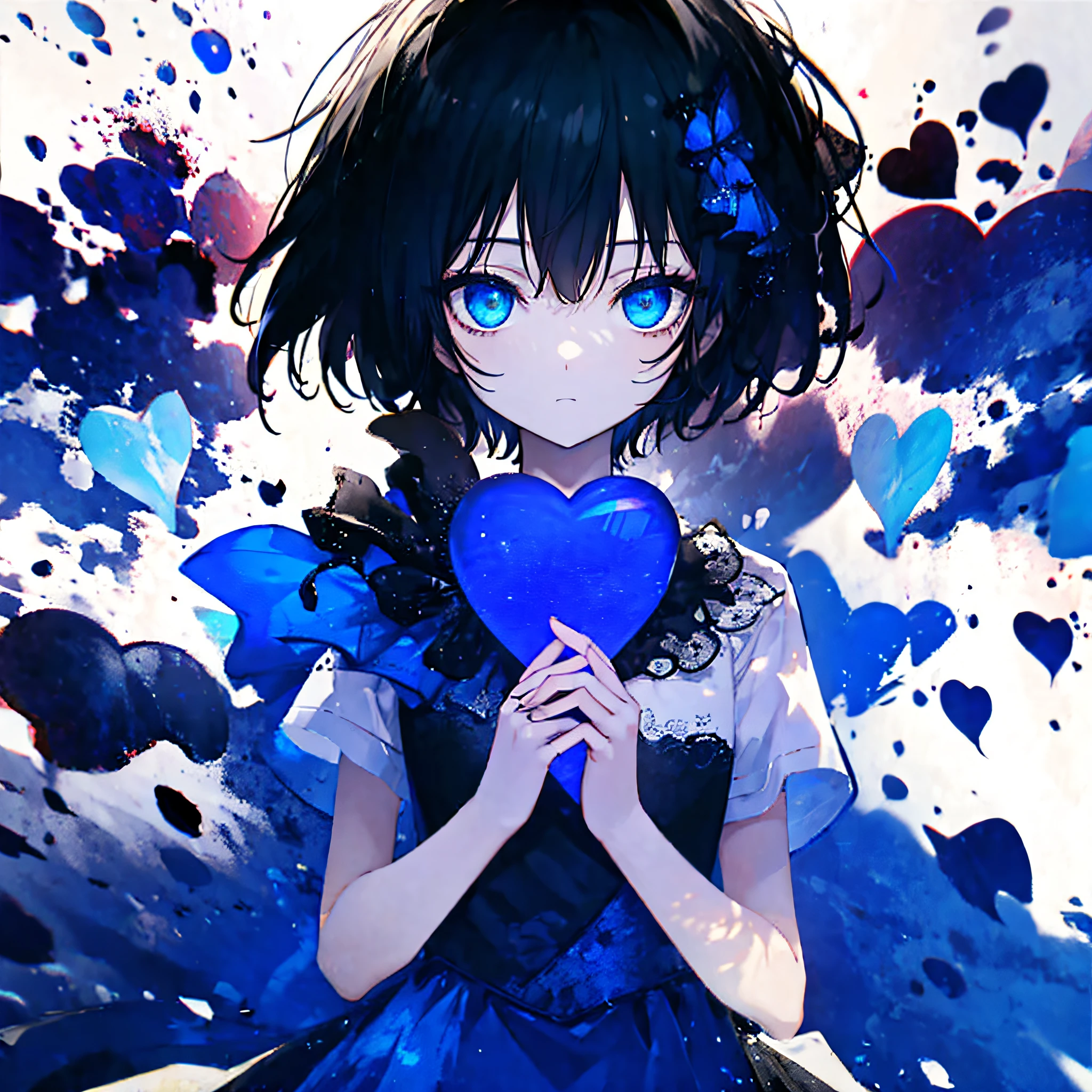 blueprint、with a pure white background、top-quality、shadowy、Ephemeral Girl、独奏、Holding a blue heart in both hands、A dark-haired、blue eyess、short-hair、zoomed