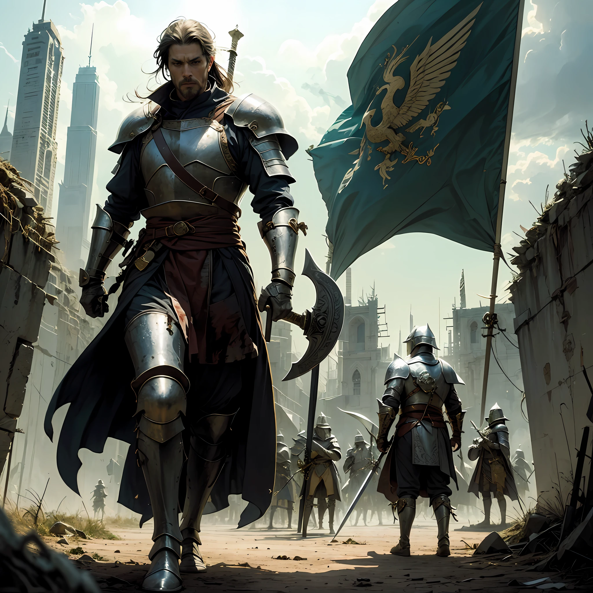 temple knight, sword in hand, shield in hand, besieged in battle, bloody robes, enemies at his feet, epic, monumental, tragic, realistic, beautiful scenery tragic, sharp strokes --auto
