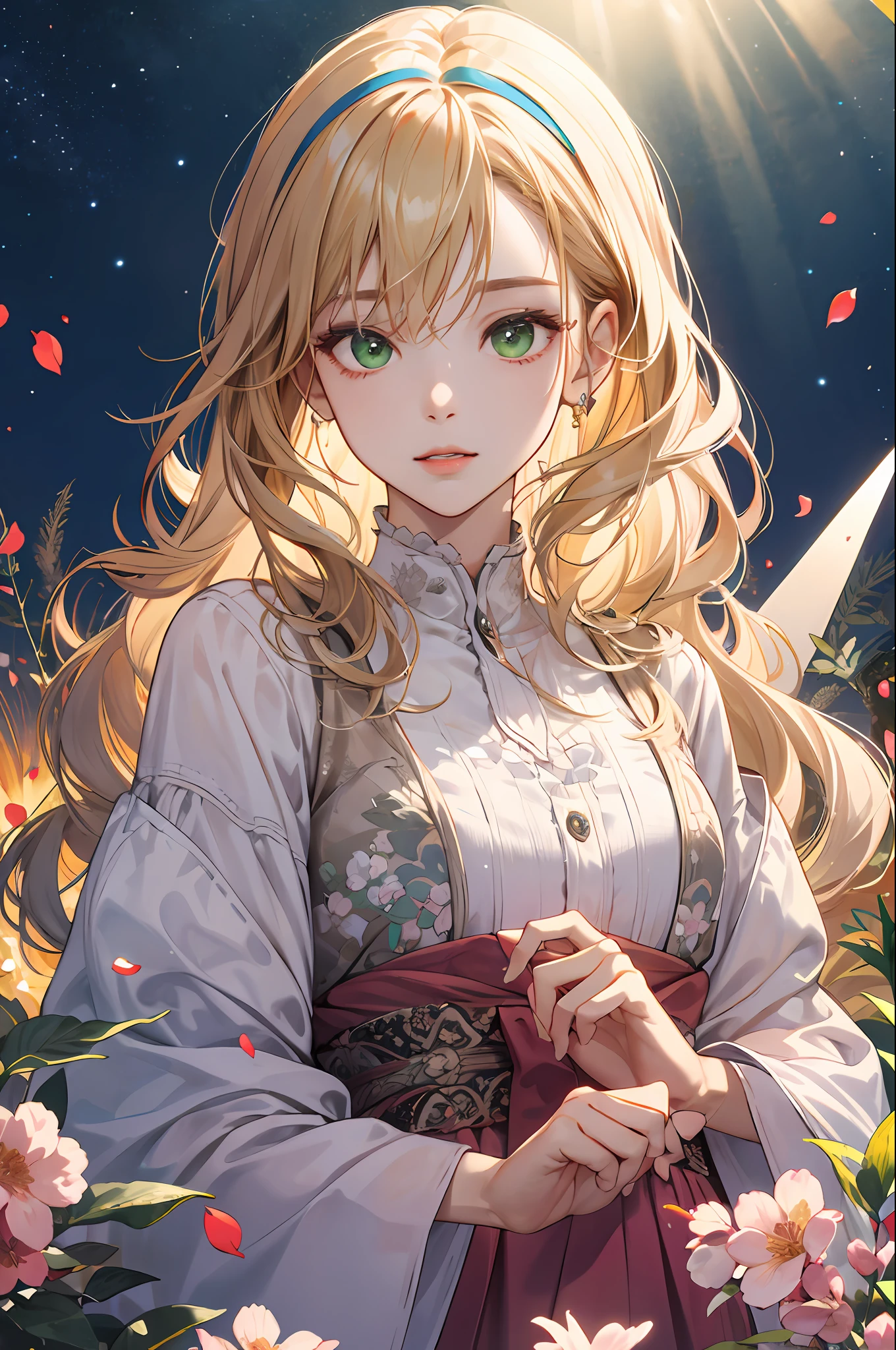 (absurderes、hight resolution、ultra-detailliert)、1girl in、maturefemale、Wavy blonde hair、length hair、bluntbangs、green colored eyes、pink dress、finely eye and detailed face、the Extremely Detailed CG Unity 8K Wallpapers、intricate-detail、BREAK、kaleidoscopic imagery、Symmetrical pattern、vivd colour、Geometric shapes、mesmerizing designs、optical illusion、Dynamic Composition BREAK Ha、pantomime art、expressive body language、Quiet storytelling、evocative gestures、 portraitures、visual narratives、Play BREAK、blooming flowers、Multicolored petals、fragrant scents、nature's bounty、vibrant gardens、Tranquil landscape