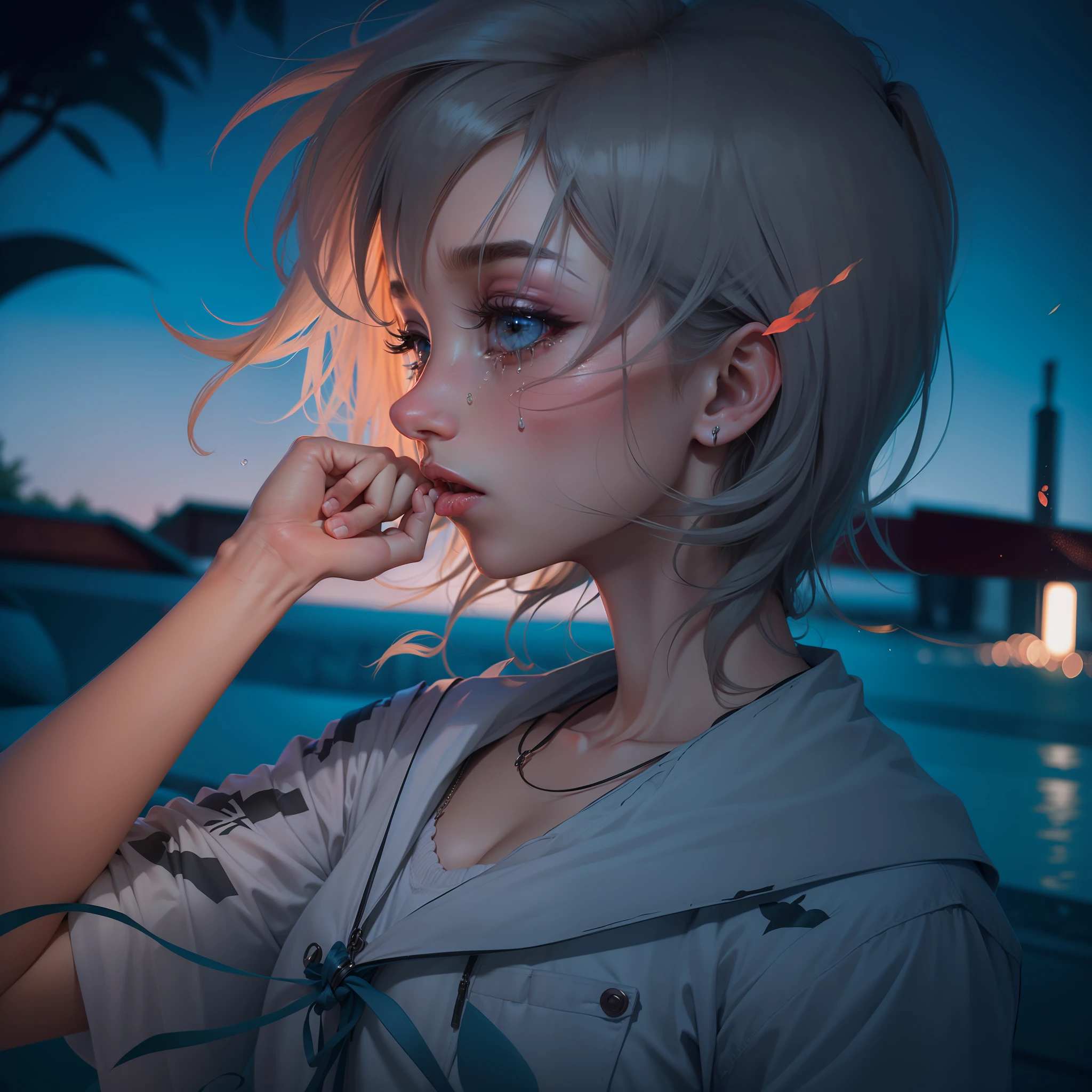 Facing right，Libido boy，Place your hand on your mouth，streaming tears