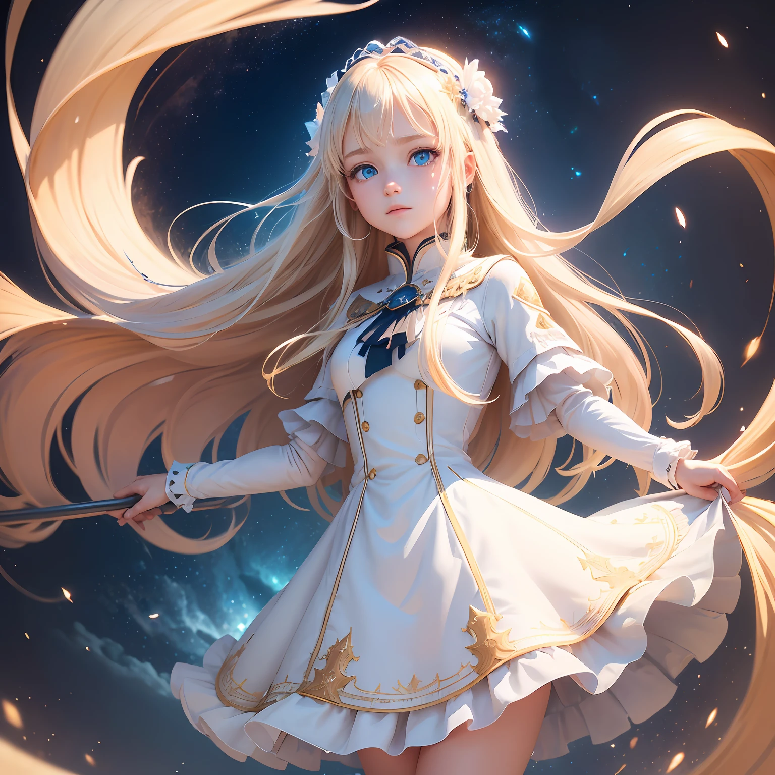 (extremely detailed CG unity 8k wallpaper, masterpiece, best quality, ultra-detailed)，The angle is slightly tilted，(1girl)，(blue eyes)，(longstraight hair:1.2+blonde hair:1.1)，(white dress: 1.1)Micro makeup，Handrails，The sea of stars is in full view，(thickness texture)，(high saturation)。 --auto