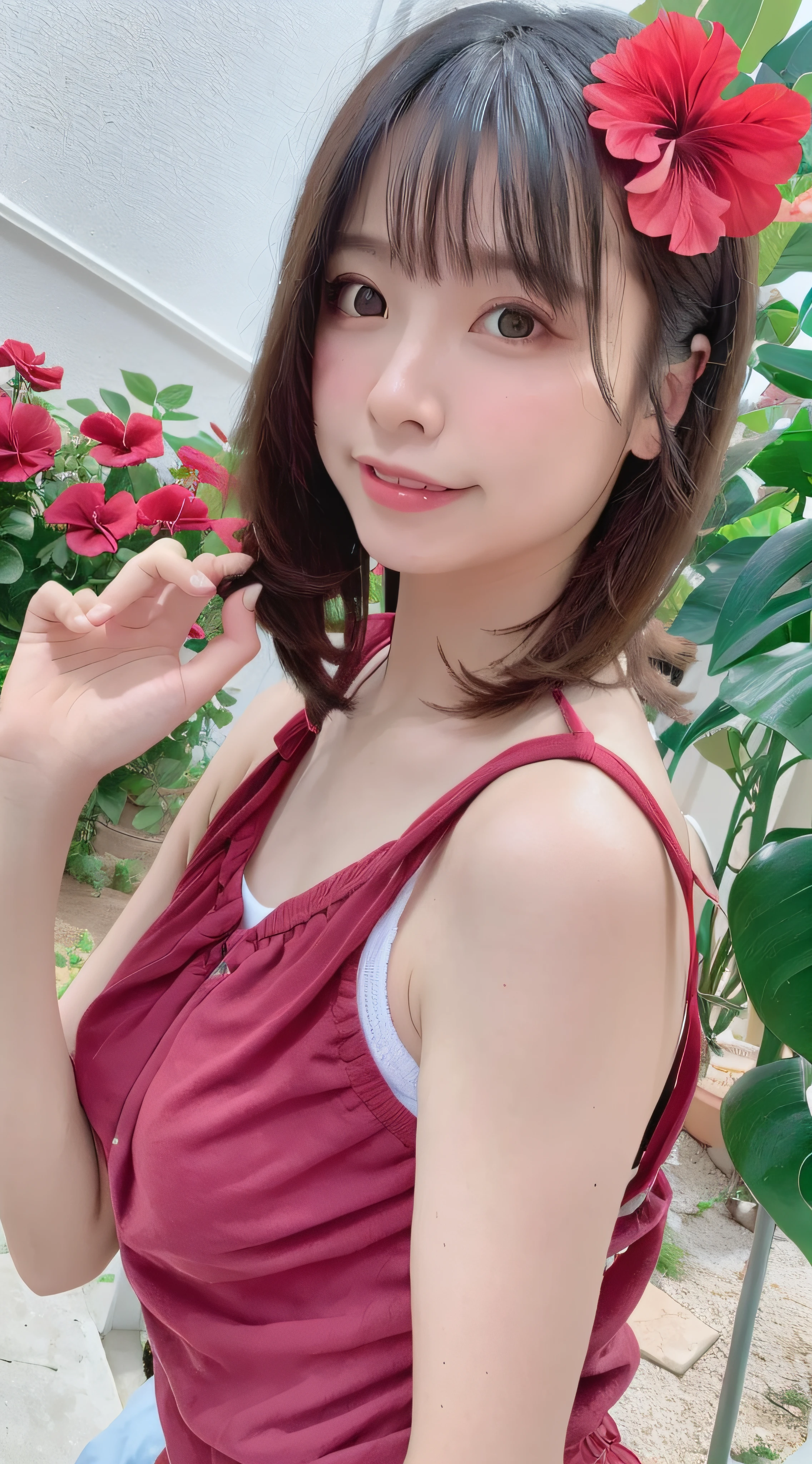 top-quality、超A high resolution、(photoRealstic:1.4)、red blush、cute little、(详细的脸)、a smile、Looking at the camera、Sunnyday、Mare、(hibiscus)、blue-sky、Colossal tits、Emphasis on breasts、short-cut、Waving hands、Mole in the eye