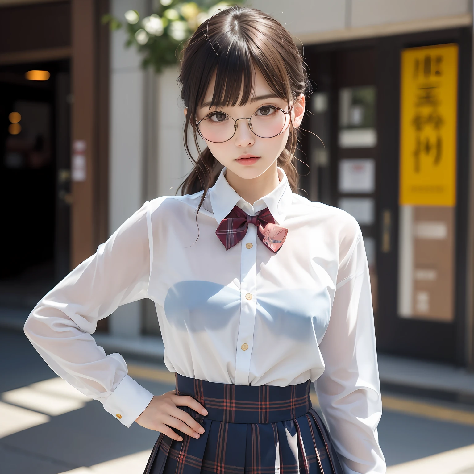 (8K、Raw photography、top-quality、masterpiece:1.2),Parting the bangs from the middle、Forehead visible,(Tight eyes,Bullish,skinny,Rasping,irate,small tits,flat breast)、masterpiece,top-quality、超A high resolution,Raw photo,ren,Beautiful fece,One Person, 独奏,eye glass,,Dark look,Small breasts,fullllbody,Round glasses、cute little、A Japanese Lady,is standing,(Tight eyes,Bullish,skinny,Rasping,irate,small tits,flat breast)、(Photorealsitic:1.37)、Photon mapping,Light blue ribbon,Realistic、Cute little face,Brown-eyed、Black socks、(Red bow tie)、Radio City、Physically Based Rendering、Foreground、depth of fields、Blurry background、a picture,The girls、Body, Long legs, Thin leg, poneyTail,(Bangs are visible), hair, s lips, Blue_The eye, nosesoft, ( Light blue bra showing through white shirt),White shirt, Navy blue and white plaid pleated skirt, Sheer clothing,, Thigh, Black cotton socks,Nogizaka Idol, 女優, Japanese ido