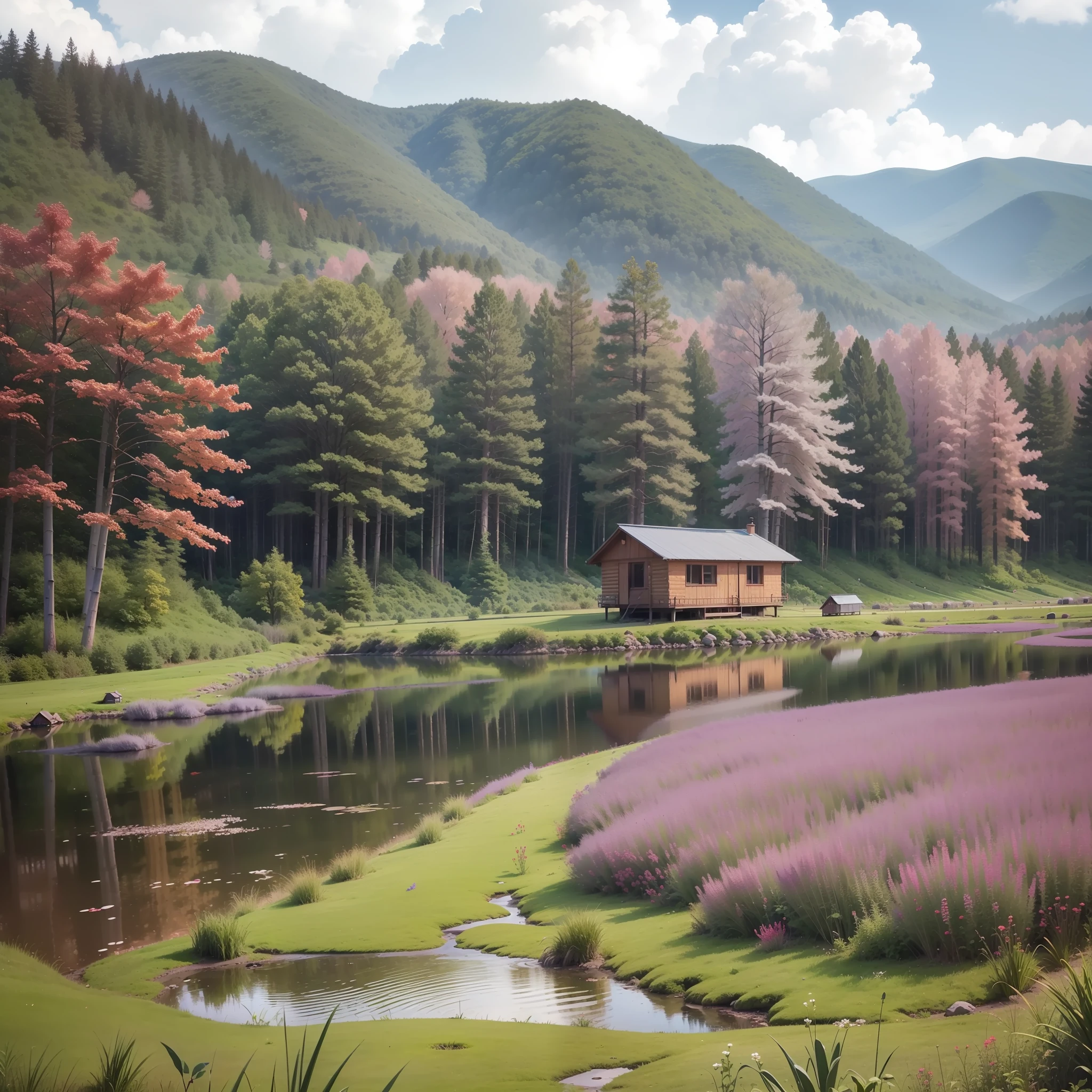 Small ponds in the field on the left side by side,Log cabin on the right,Purple bamboo forest behind the wooden house