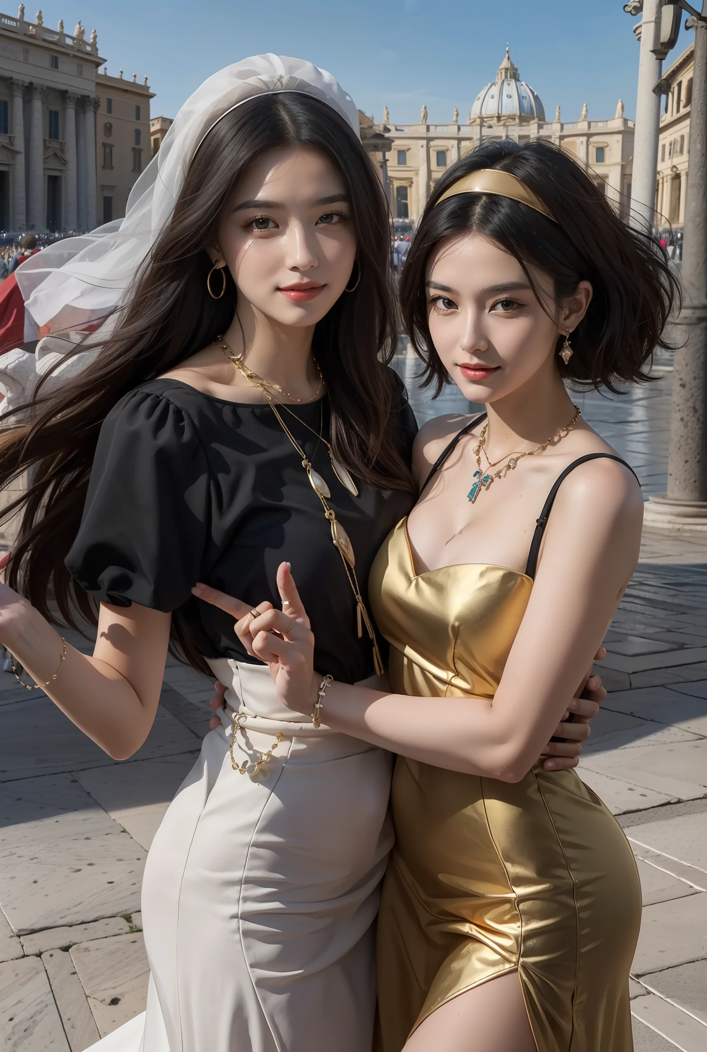 masterpiece, 4K, best quality, FELute, necklace,gorgeous dress, (on the St. Peter's Square of Vatican,crowd),bracers, cowboy shot, looking at viewer, smirk, hand up