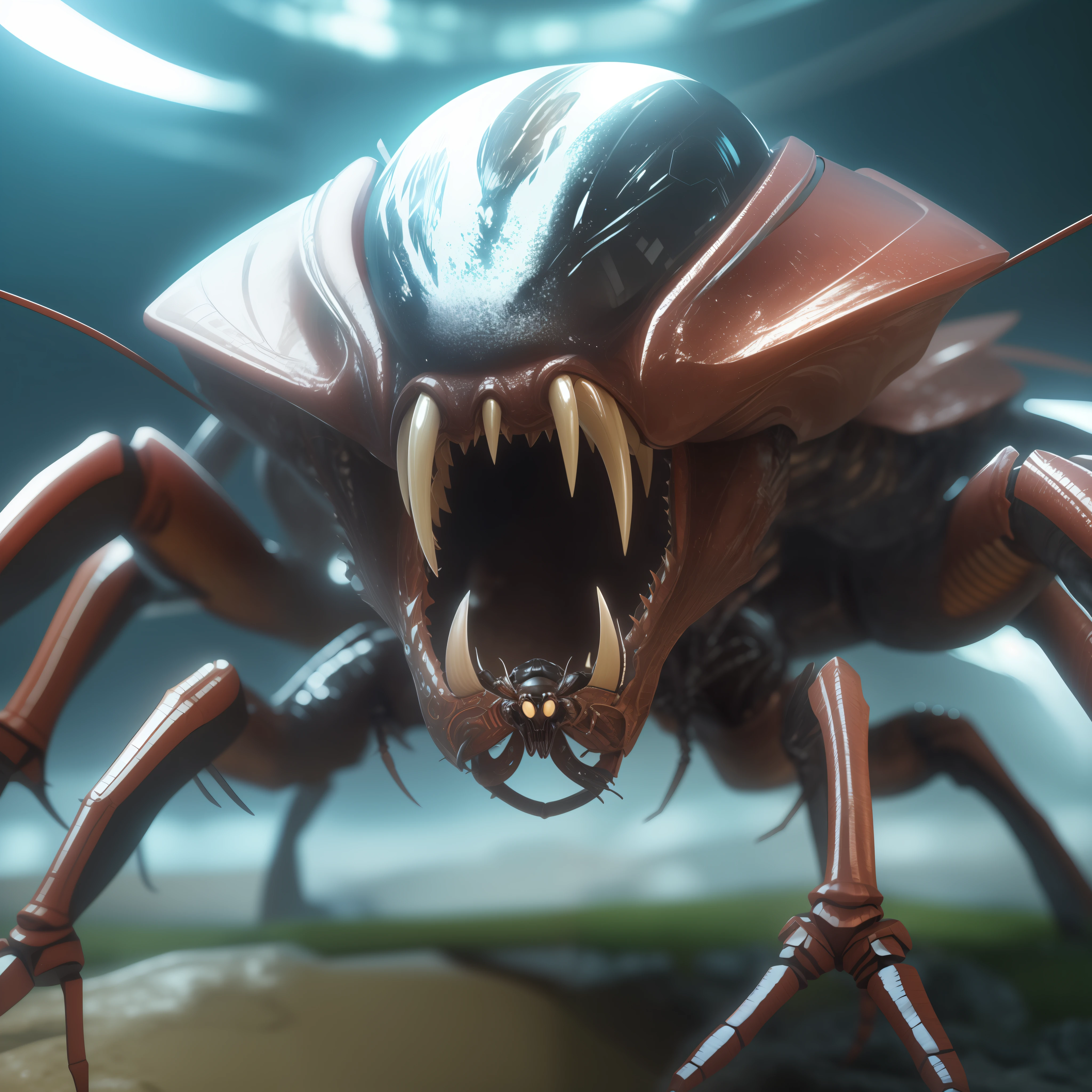 Space alien bug, scary, no eyes, big mouth and sharp teeth, long bug legs, 3D-rendering, hyper detailing