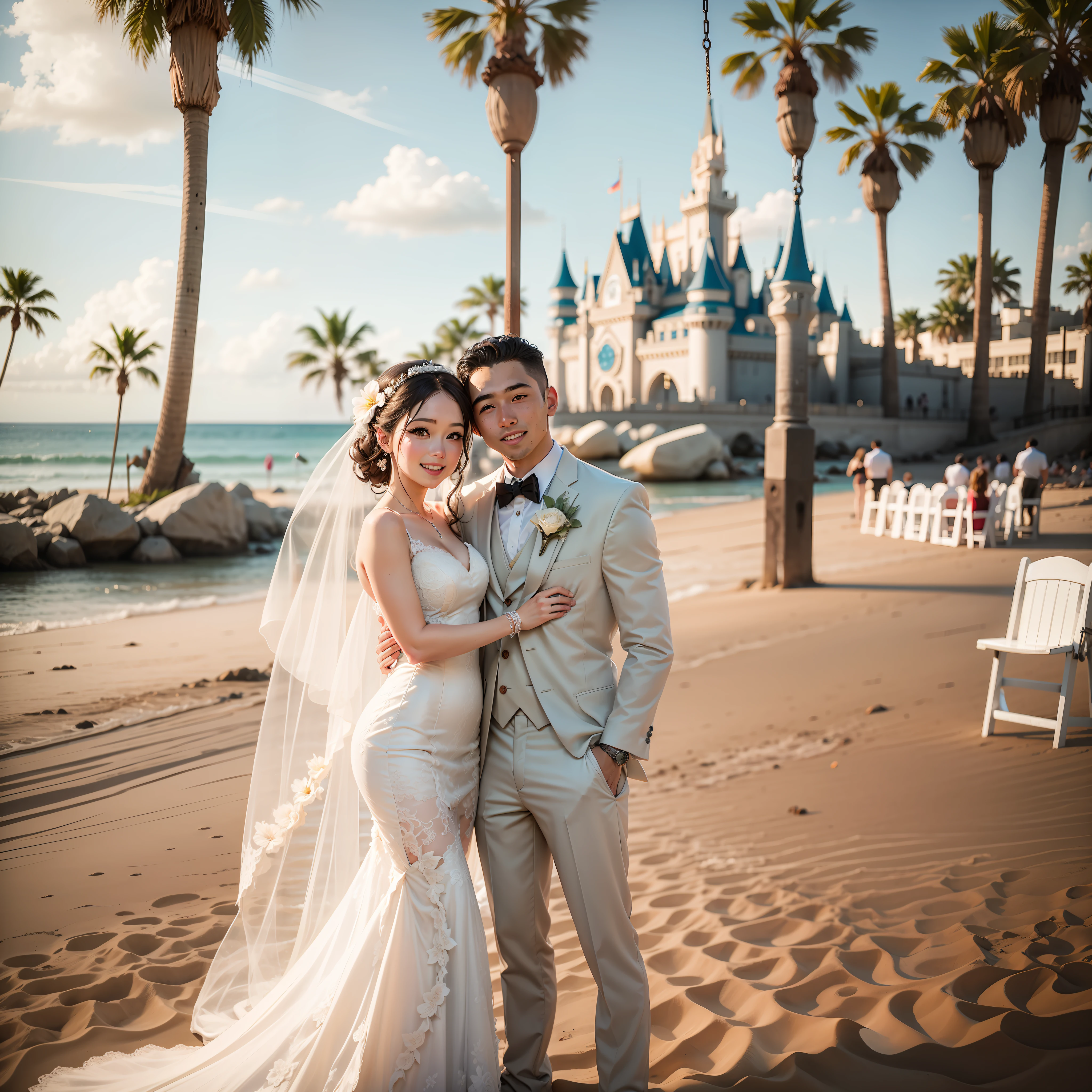 There's a wedding on the beach, next to Disney, a swing, and lots and lots of flowers