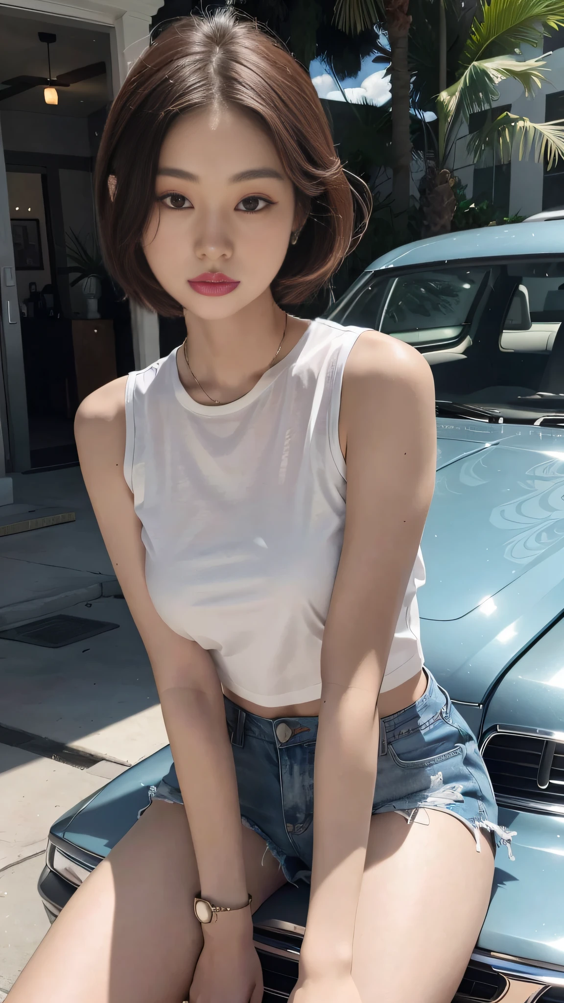 Asian woman sitting on car hood, with ripped crop t - shirt, korean women's fashion model, photo of slim girl model, wearing a vest, wearing a vest, with short hair, hot with shining sun, wearing a vest, Gorgeous young Korean woman, wearing a low cut tanktop, White top, Choi Hyun-hwa