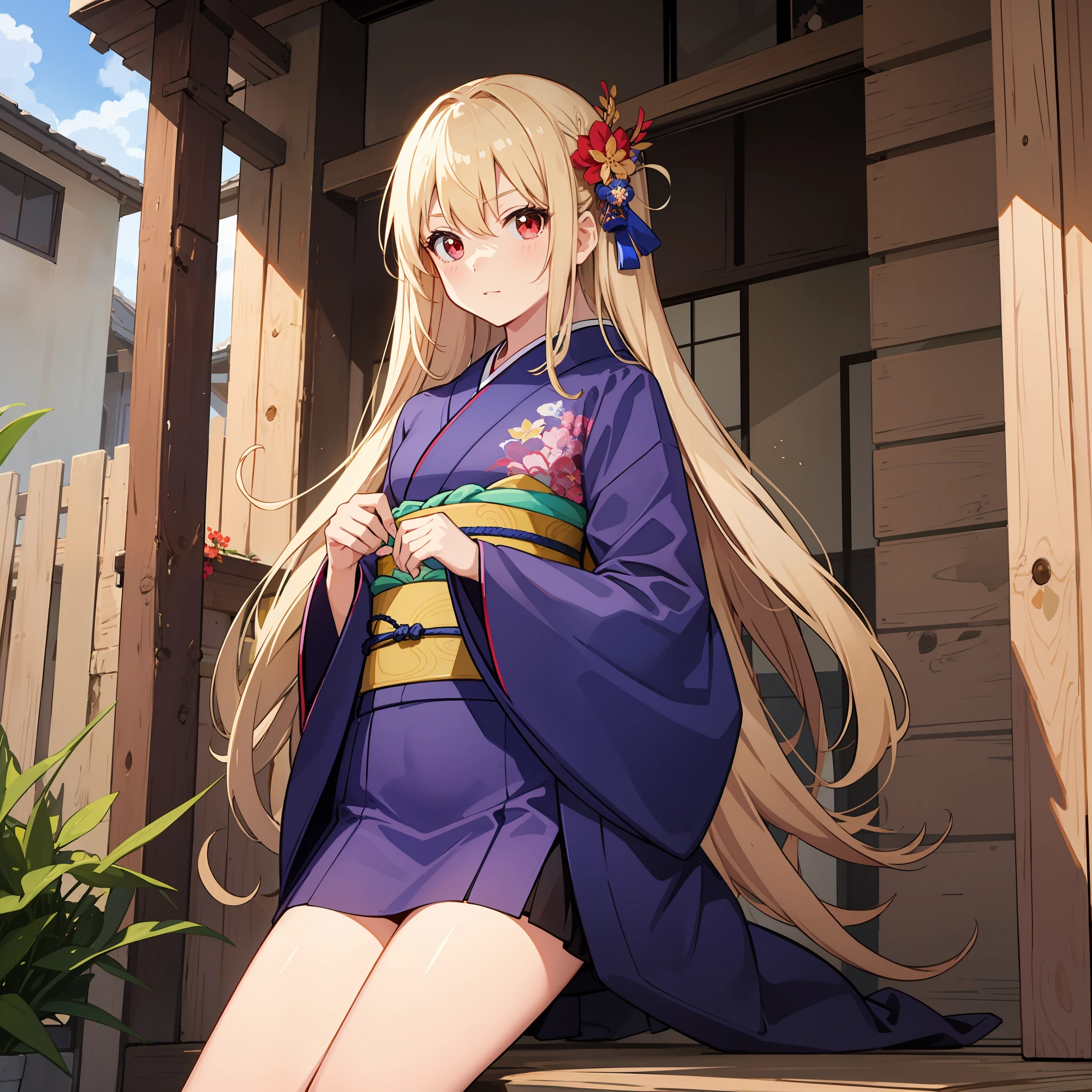 animesque、One blonde girl with red eyes、Blue kimono、a miniskirt