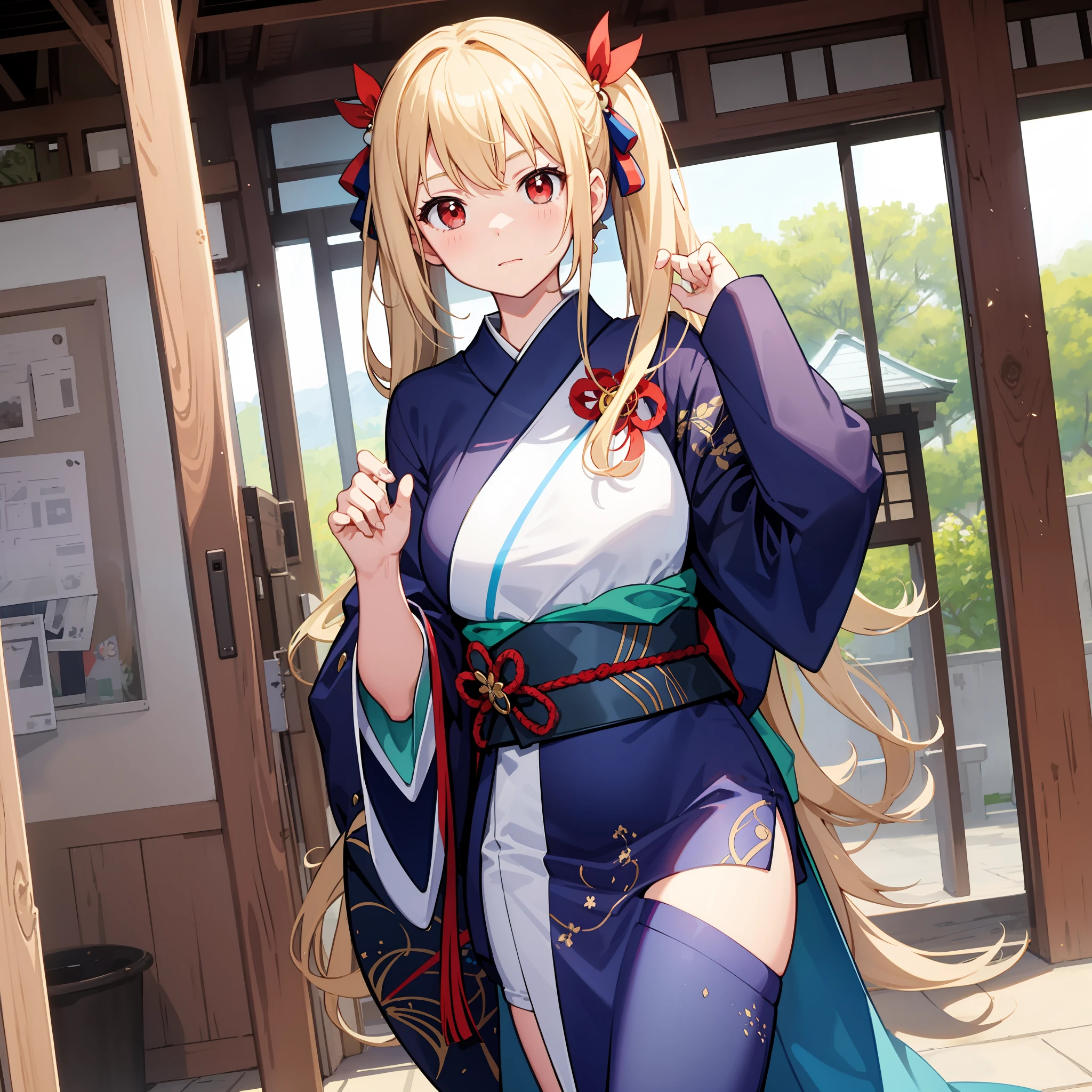 animesque、One blonde girl with red eyes、Blue kimono、a miniskirt