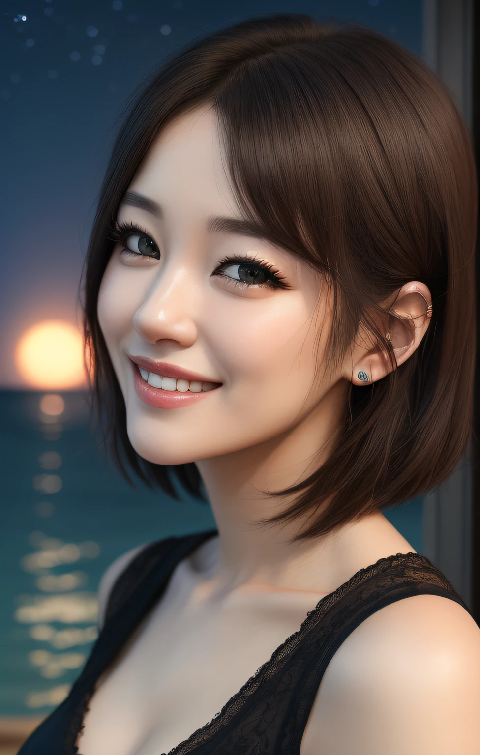 ((Best Edition、64k、​masterpiece:1.3、kda、Real、photo-realistic:1.37))、Crisp focus:1.2、Beautiful woman in perfect style: 1.4、Slender abs:1.2、((Black hair、Short hair、Big big tits：1.2、Smile、Slender face))、very detailed face and skin texture、detailed eye、Double eyelidd、ultra- detailed、Adult women、solo、lakefront、moon