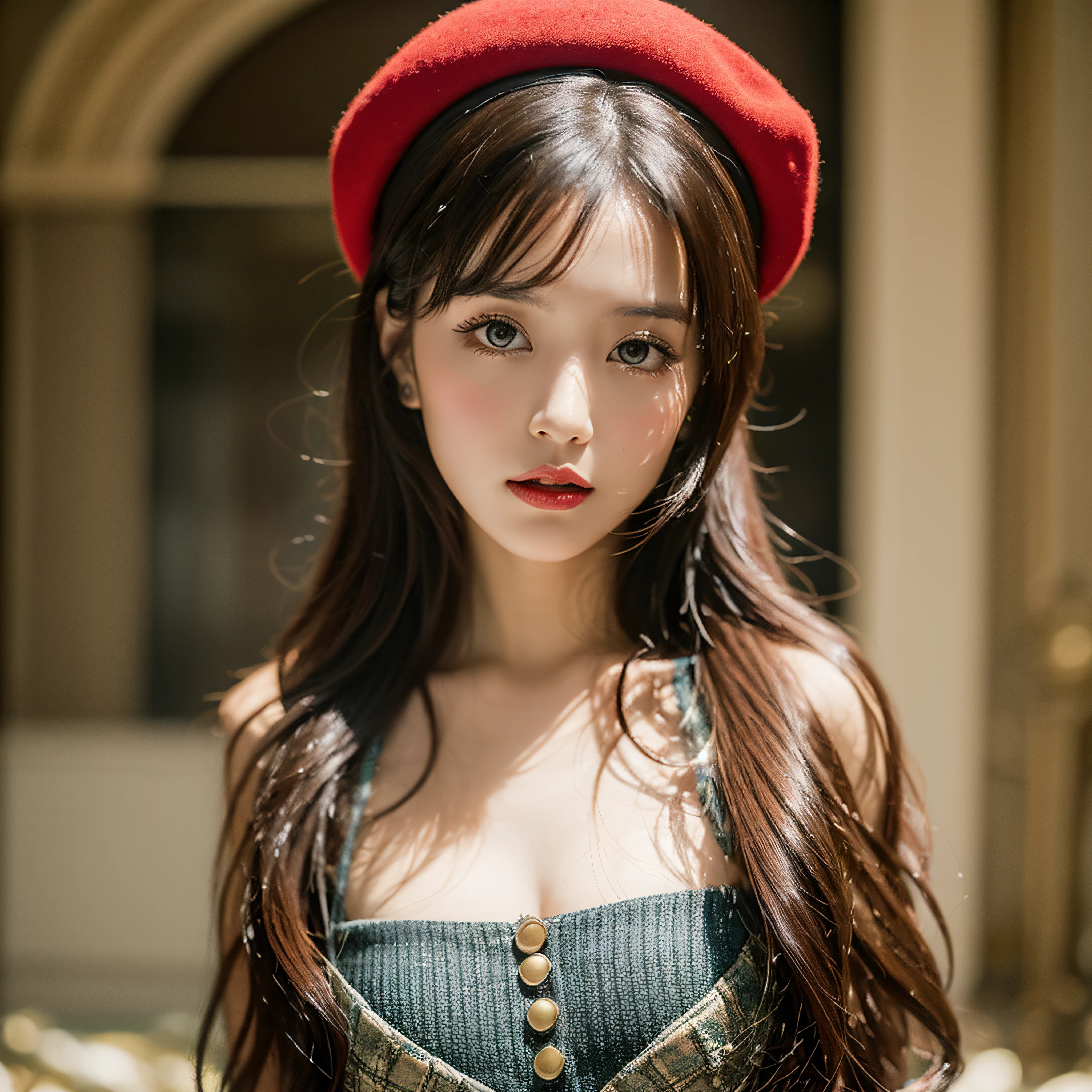 (Best quality), (Masterpiece), Photography, Realistic, (1girl), perfect body, vintage, vintage dress, red beret, sexy pose, stand