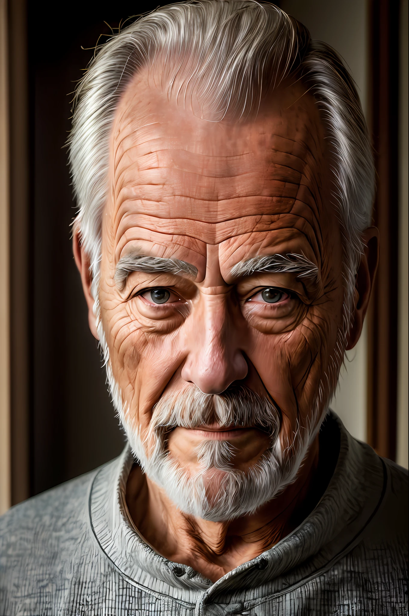 (masterpiece, photorealistic, raw,:1.4), (extremely intricate:1.2), close up, cinematic light, sidelighting, ultra high res, best shadow, RAW, upper body, old man, wearing pullover,