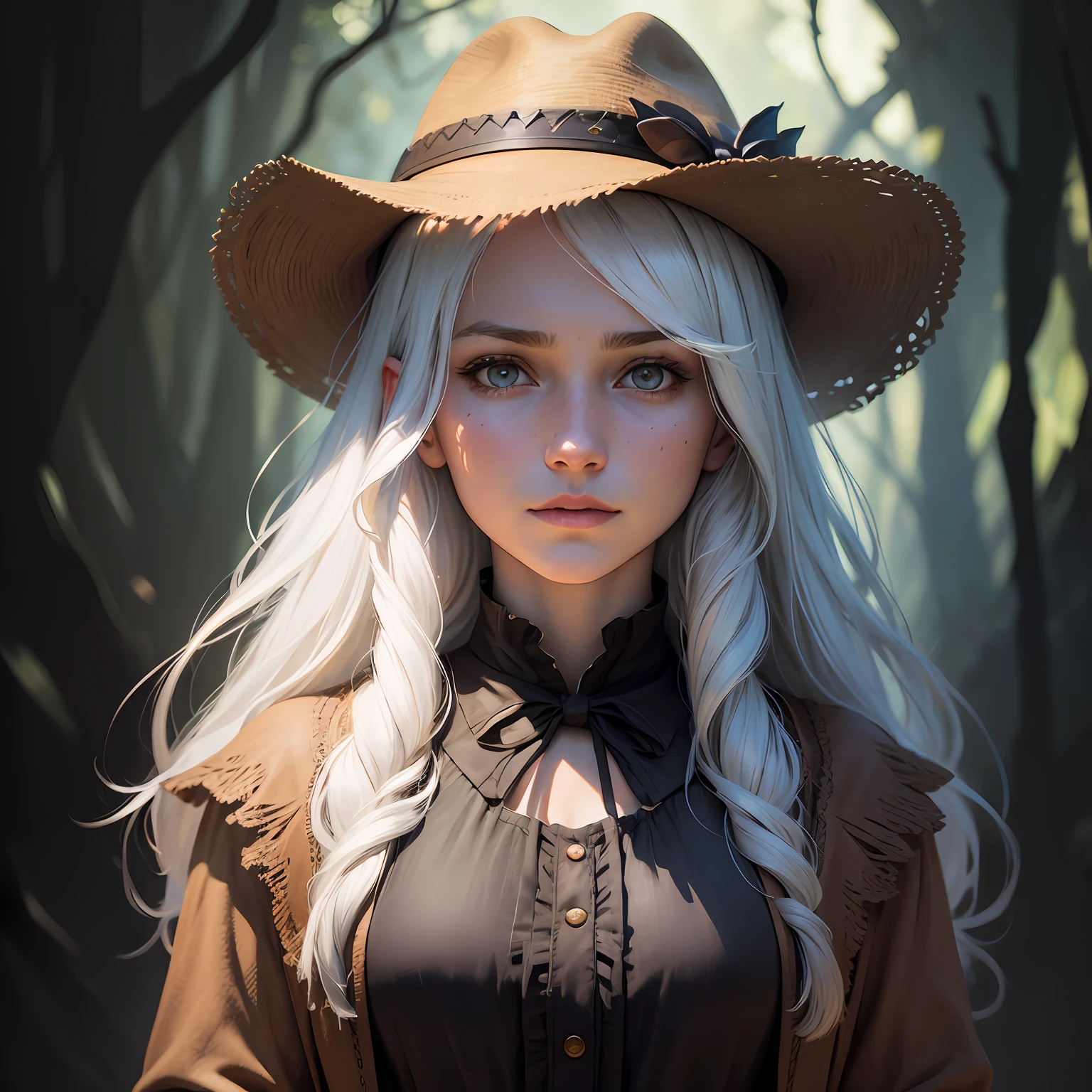Hyperrealist portrait of female by david hockney and alphonse mucha,fantasy art, photo realistic, dynamic lighting, artstation, poster, volumetric lighting, very detailed faces, 4 k, award winning,, 1girl, in the dark, deep shadow, low key,cowboy shot,(official clothing:1.4) ,long hair,white hair, --auto