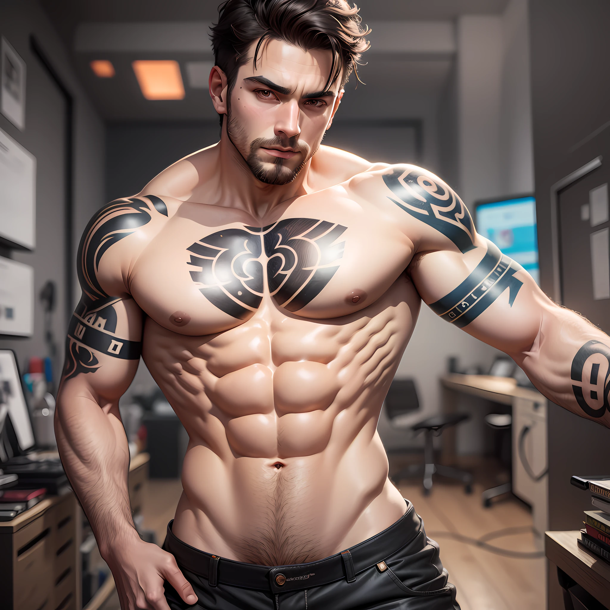 mtu，Multi-person interaction，Two men，fullnude，Microtonic abs，No beard，is wearing a shorts，Regular tattoos，8K，The is very detailed，acurate，best qualtiy