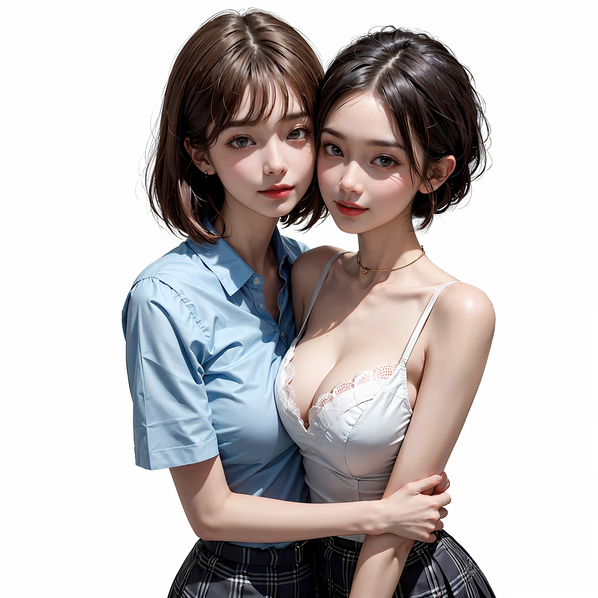 Two people facing each other and hugging happily、Two people hugging each other happily、Two people hugging each other tightly、Both of them stare intently at the camera、Look firmly at the camera、Lesbian couple、Lily couple、((Bring your cheeks together))、Two pretty and pretty girls、masterpiece、top-quality、realisticlying、realisitic、Seductive bright smile、Both of them have short clean hair with bangs、bangss、bangss、Both have short hair、clean hair with bangs、Short sleeve collar shirt with collar、Collared shirt、(Plaid pleated skirt)、enticing eyes、Both have very large breasts、very Bigger breasts、Big ass、big breasts thin waist、(cleavage of the breast)、(Immaculate white background with nothing really)、(24 year old)、ighly detailed、Very tall、neck long、the neck is long、Straighten your back、Put your ears out、Highlights in the eyes、lipgloss、glowy skin、White-colored skin、Clean collarbone、closes mouth、Close your mouth and smile、Happily、Nice proportions、lovely、Charming and endearing、Colorful random collar shirt、Colorful random color skirt、Do not add shadows、No shadows