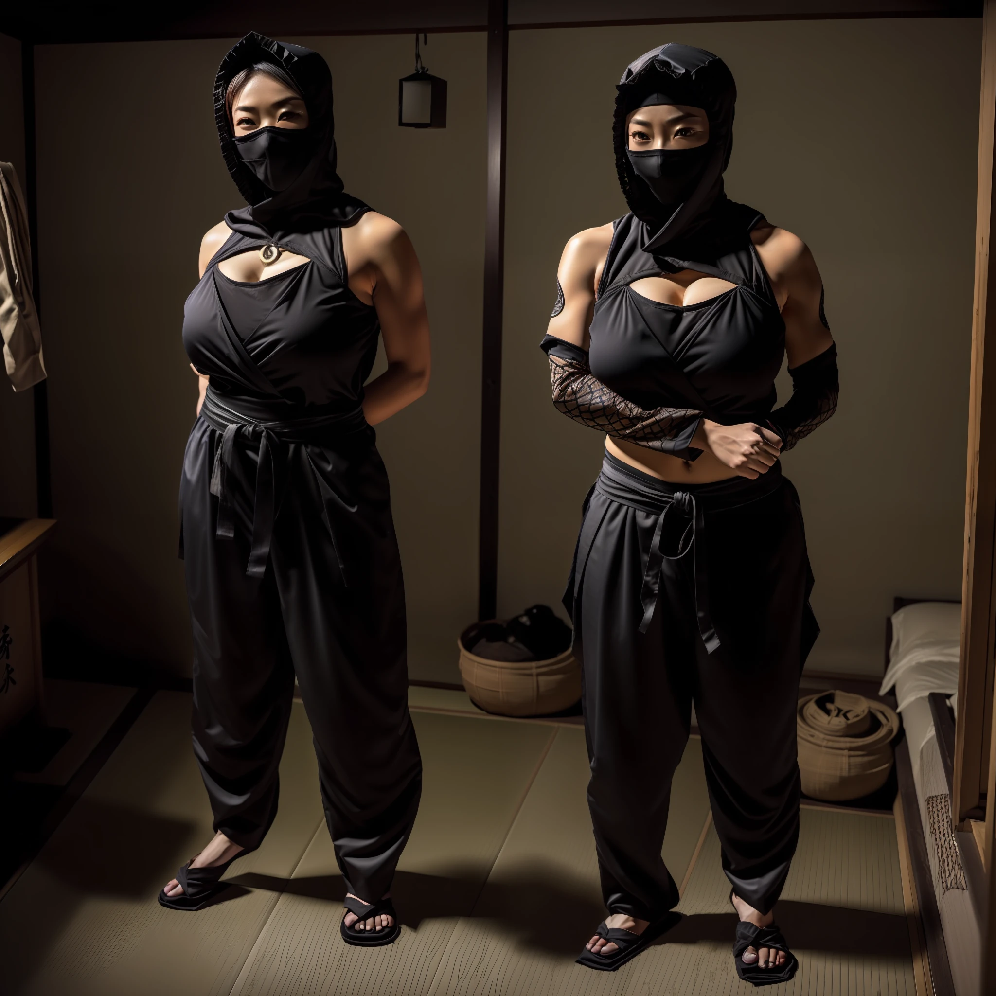 top-quality, masutepiece, 36K, very high res, hyper realistic photography, (((Midnight view, Dark room))), Edo era, in Japan), 1girl in_perfect human shape, (outfit: Ninja sheer armor, Japanese Ninja black costume, Kunoichi_Japanese female Spy, sexy thief, Ninja black mask, ninja hood, holding weapon), Portrait, hyperdetailed face, ultra realistic textures, (fight standby pose, in the messy and shabby abandoned Japanese style castle), ((view full body and entire room)), ultra huge breasts spill out from cosplay, exposed hyper huge cleavages, Dark lighting, ((disclosed realistic shave armpits)),