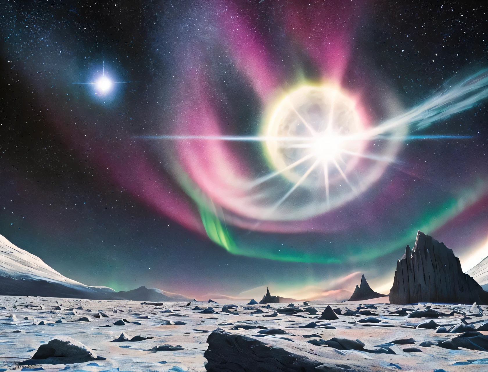surface of a rocky, cold planet in the neutron star system, active star, radioactivity, northern lights