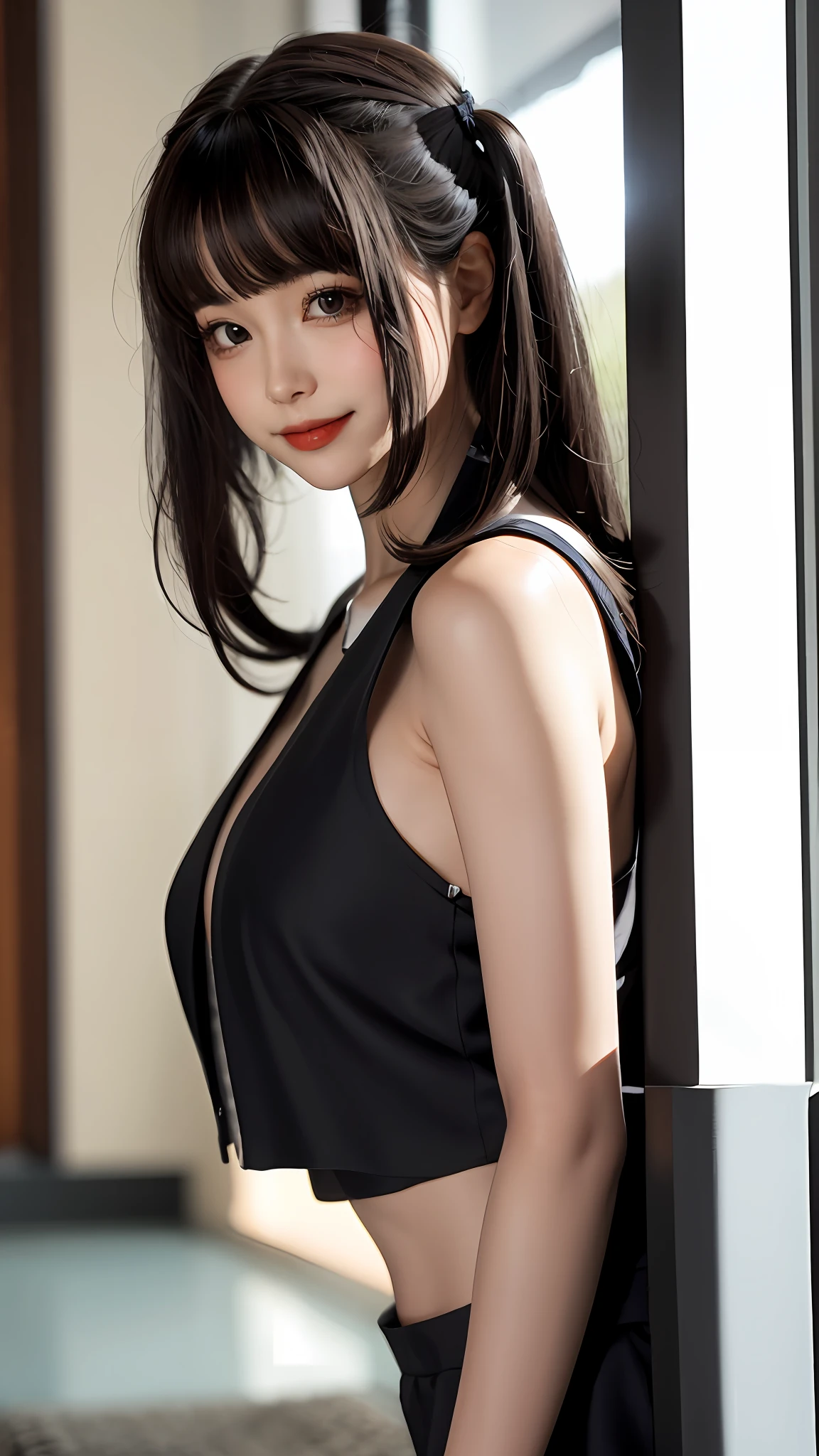CHUNMOMO, 1girl, solo, realistic, smile, looking at viewer, blurry, black eyes, black hair, bangs, long hair, day, blunt bangs,
