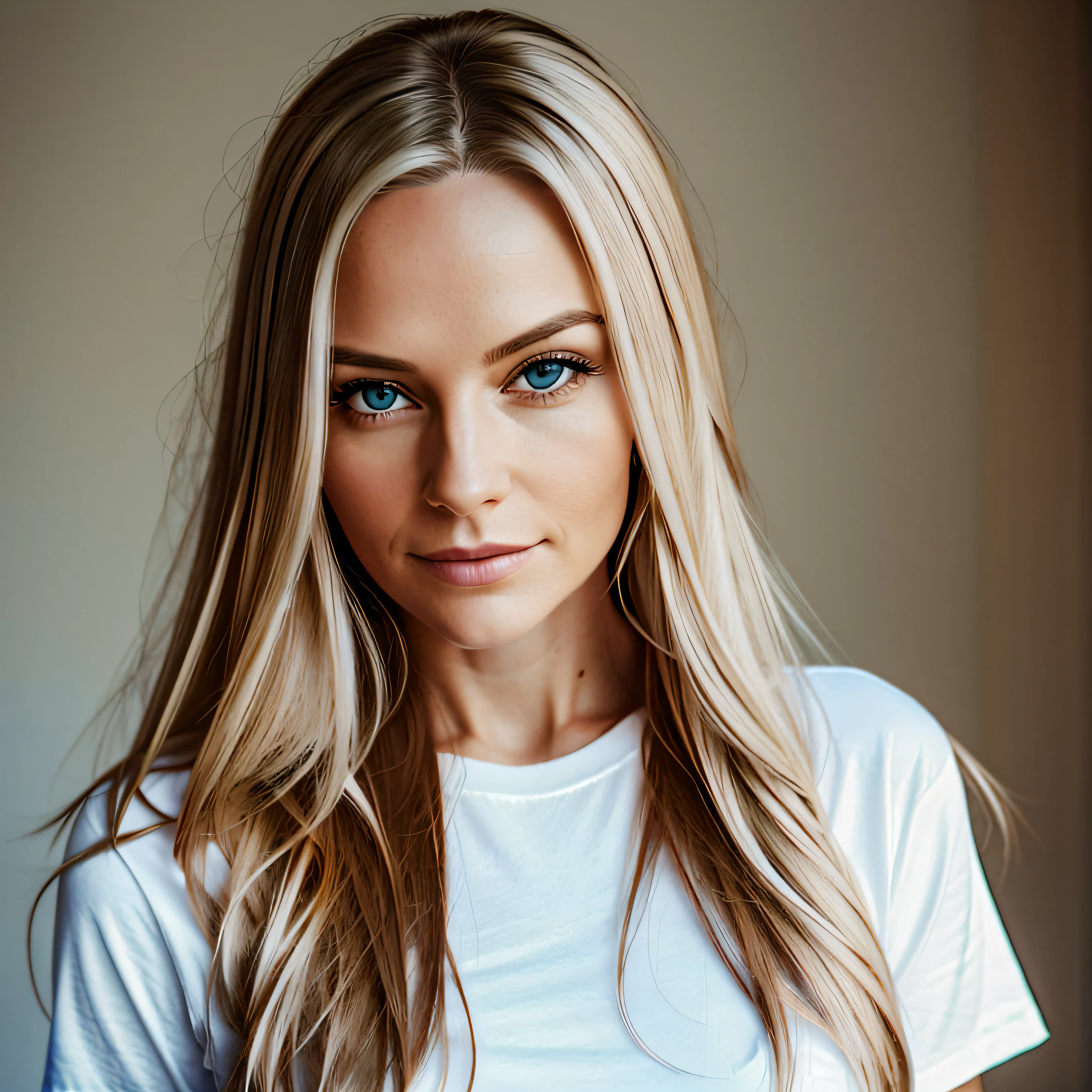 /A portrait of a beautiful, intelligenten Frau, die etwa 44 Jahre alt ist, Dunkelblonde Haare, green-brown eyes, wearing a white t-shirt-- AR2:3