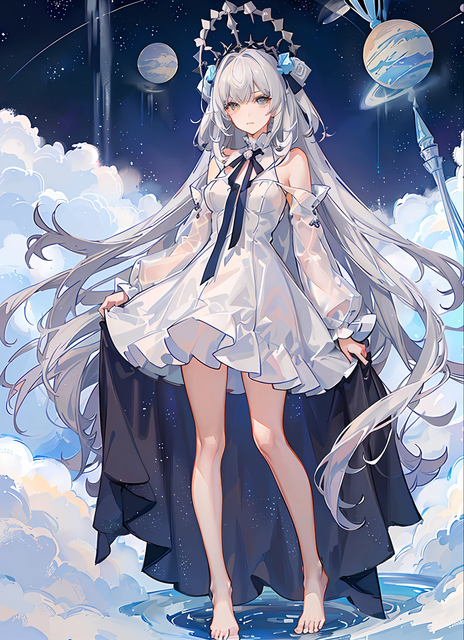 A barefoot white-haired girl in a long gray dress stood in the universe, and countless planets around her emerged and shattered，full bodyesbian