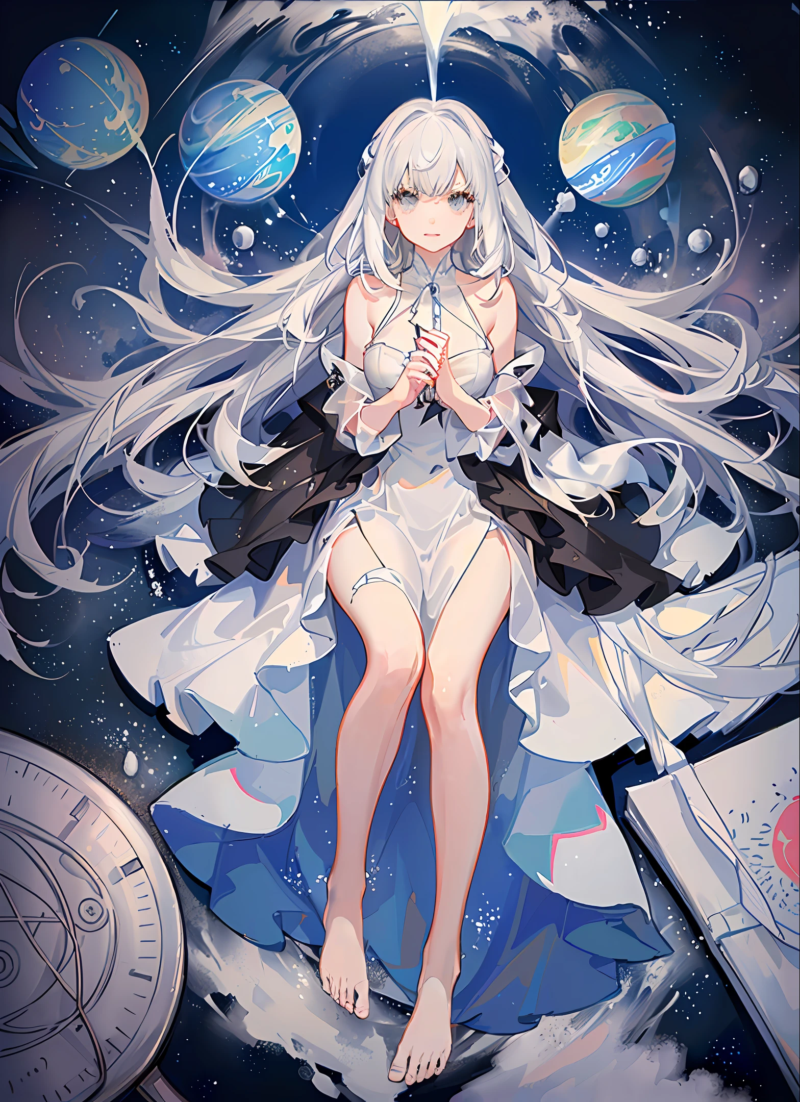 A barefoot white-haired girl in a long gray dress stood in the universe, and countless planets around her emerged and shattered,full bodyesbian