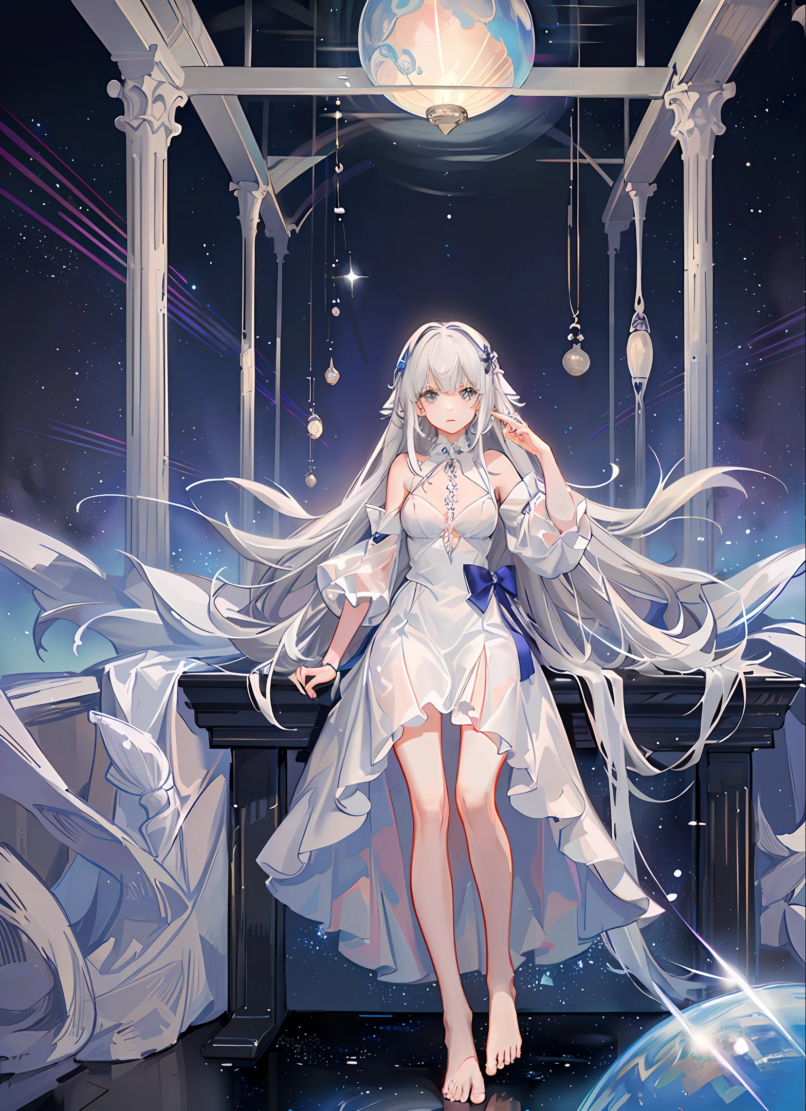 A barefoot white-haired girl in a long gray dress stood in the universe, and countless planets around her emerged and shattered,full bodyesbian